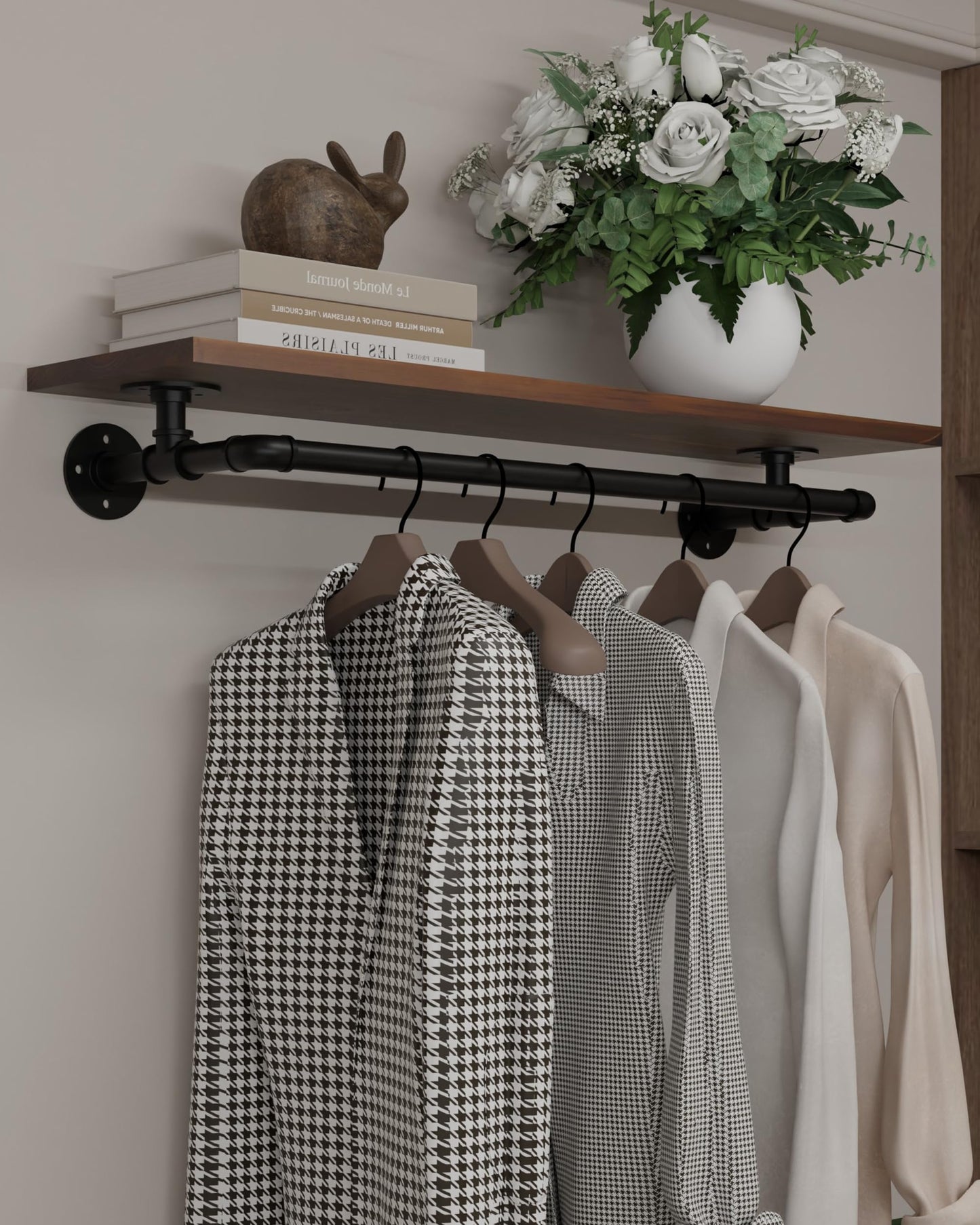 TEDIDUWA Clothes Rack 36in, Wall Mounted Garment Rack with Real Walnut Wood Shelf, Heavy Duty Hanging Clothes shelf, Multi-Purpose Hanging Rod, Space-Saving Closet Storage (Walnut, 1T36IN)