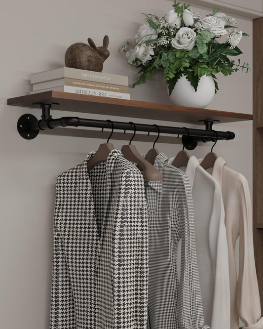 TEDIDUWA Clothes Rack 36in, Wall Mounted Garment Rack with Real Walnut Wood Shelf, Heavy Duty Hanging Clothes shelf, Multi-Purpose Hanging Rod, Space-Saving Closet Storage (Walnut, 1T36IN)