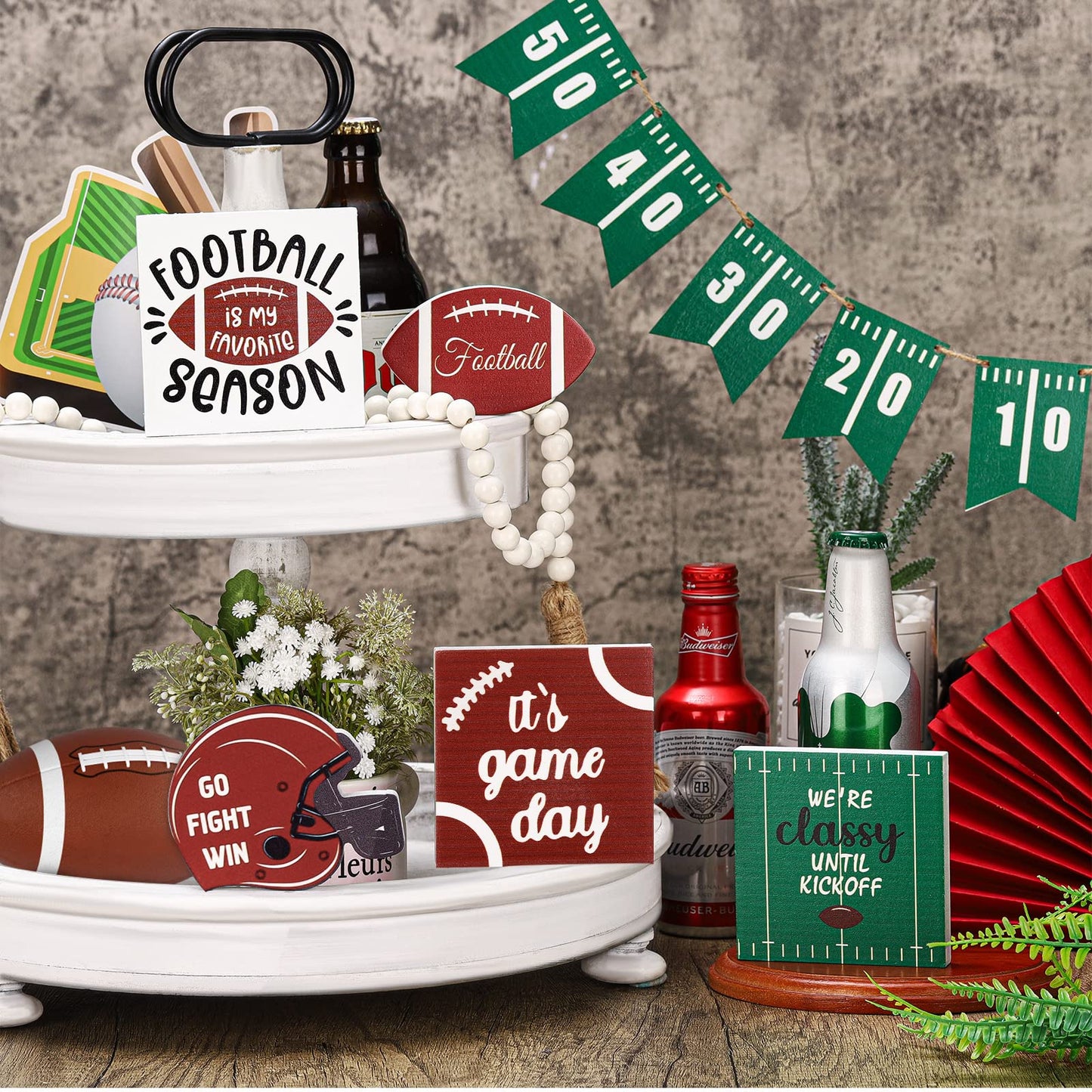 Sawysine 10 Pcs Football Tiered Tray Decor Farmhouse Football Decor Wooden Rustic Football Game Sign Go Fight Win Helmet Blocks Football Tray Decor for Football Season Table Party(Classic Style)