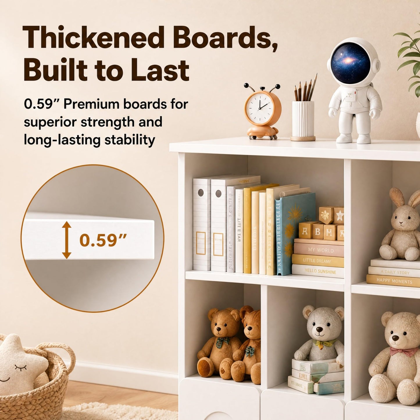 knoworld Toy Storage Organizer,Kid Bookshelf with 5 Cubbies+3 Roll Out Drawers with 360° Wheels, 15mm Thick Wooden Toy Box, Gift-Ready for Kid, Playroom Daycare Living Room, White (39" W)