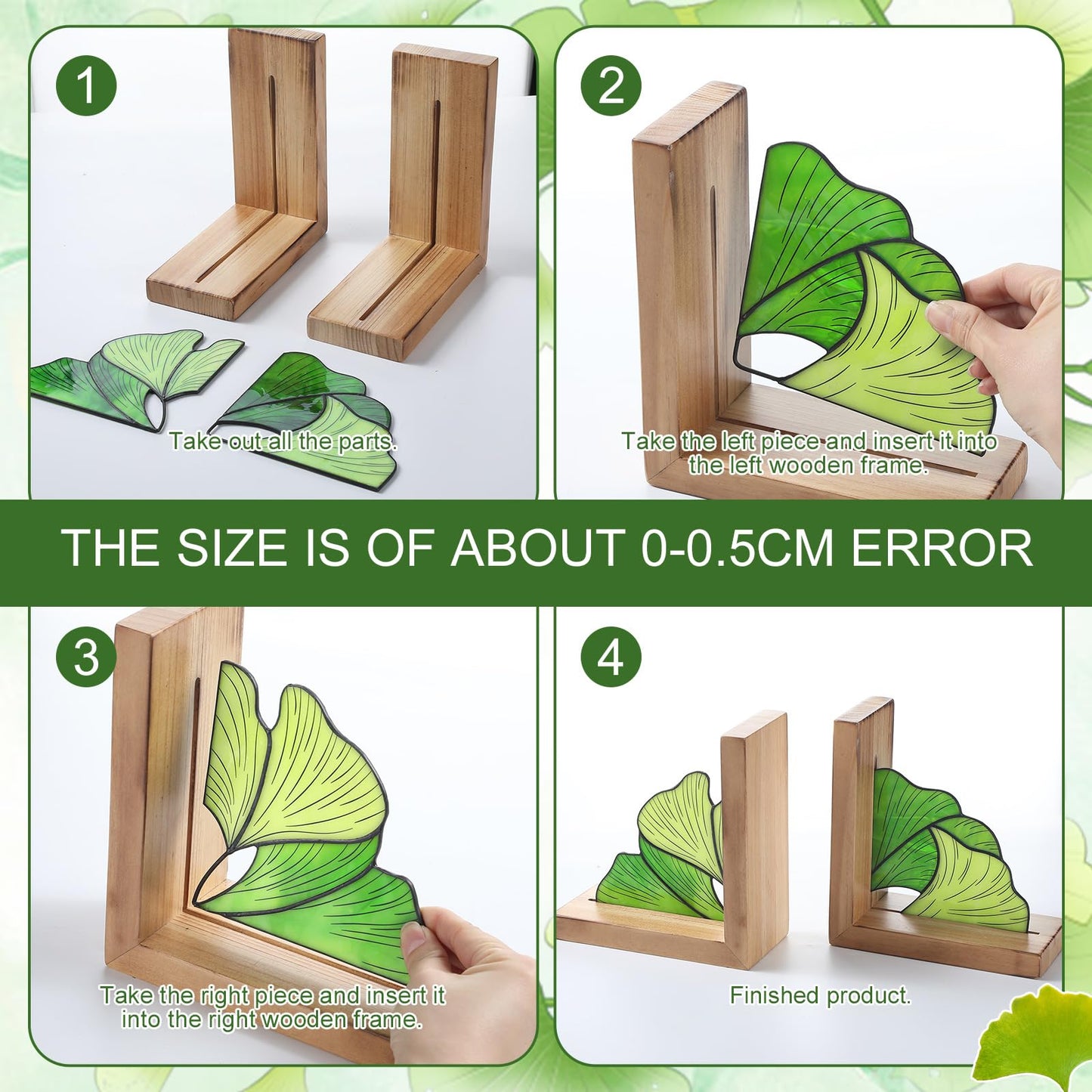 Maitys Ginkgo Leaf Bookends with Oak Wood Base Stained Glass Novelty Bookends Organizer Cute Book Ends for Shelves Desks Libraries Book Lover Gift (Green)
