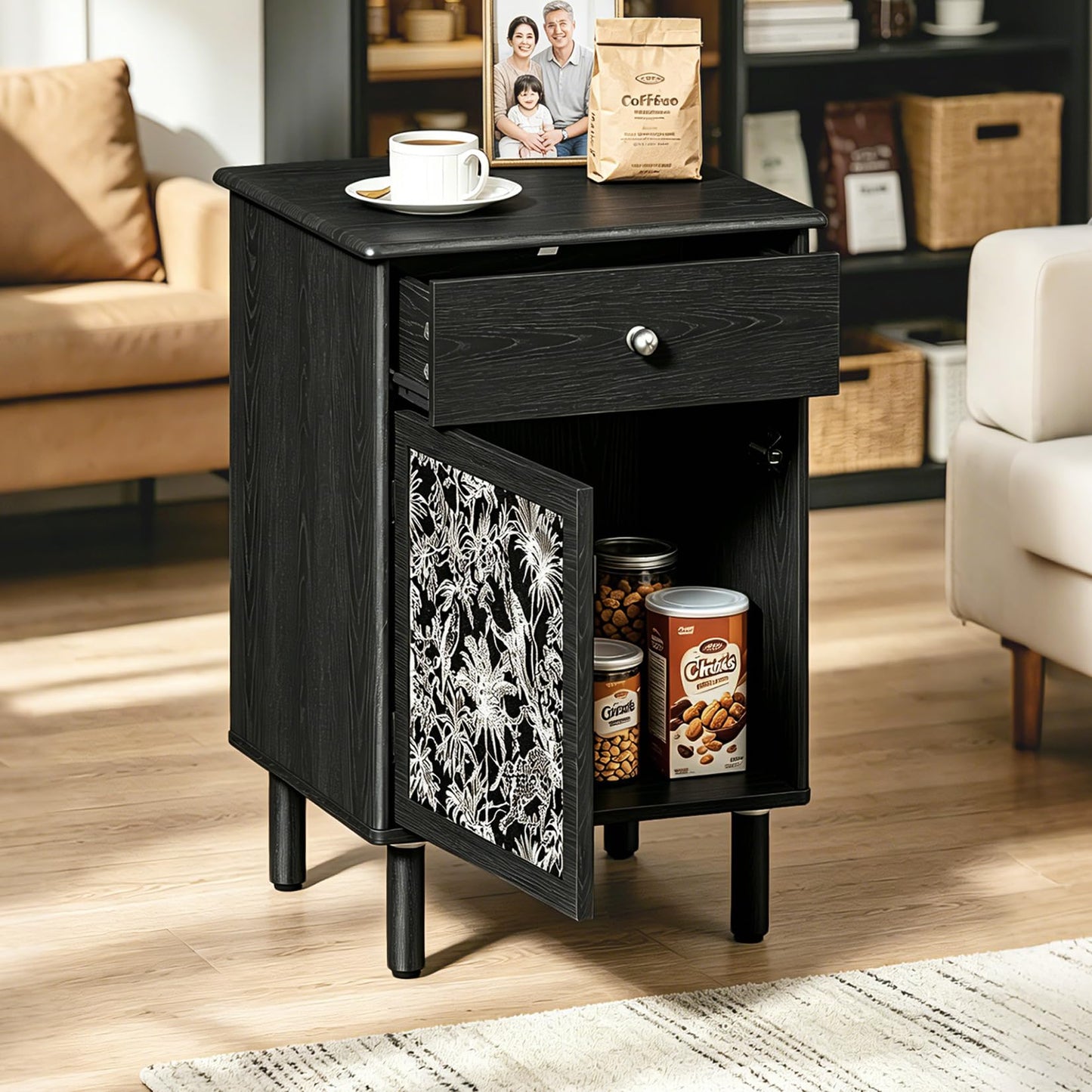 DAELIFKER Black Wood Mid-Century Modern Nightstand, Bedside Table with Drawer and Cabinet, Vintage Wooden Side Table with Storage for Bedroom Living Room, 16"x16"x24"