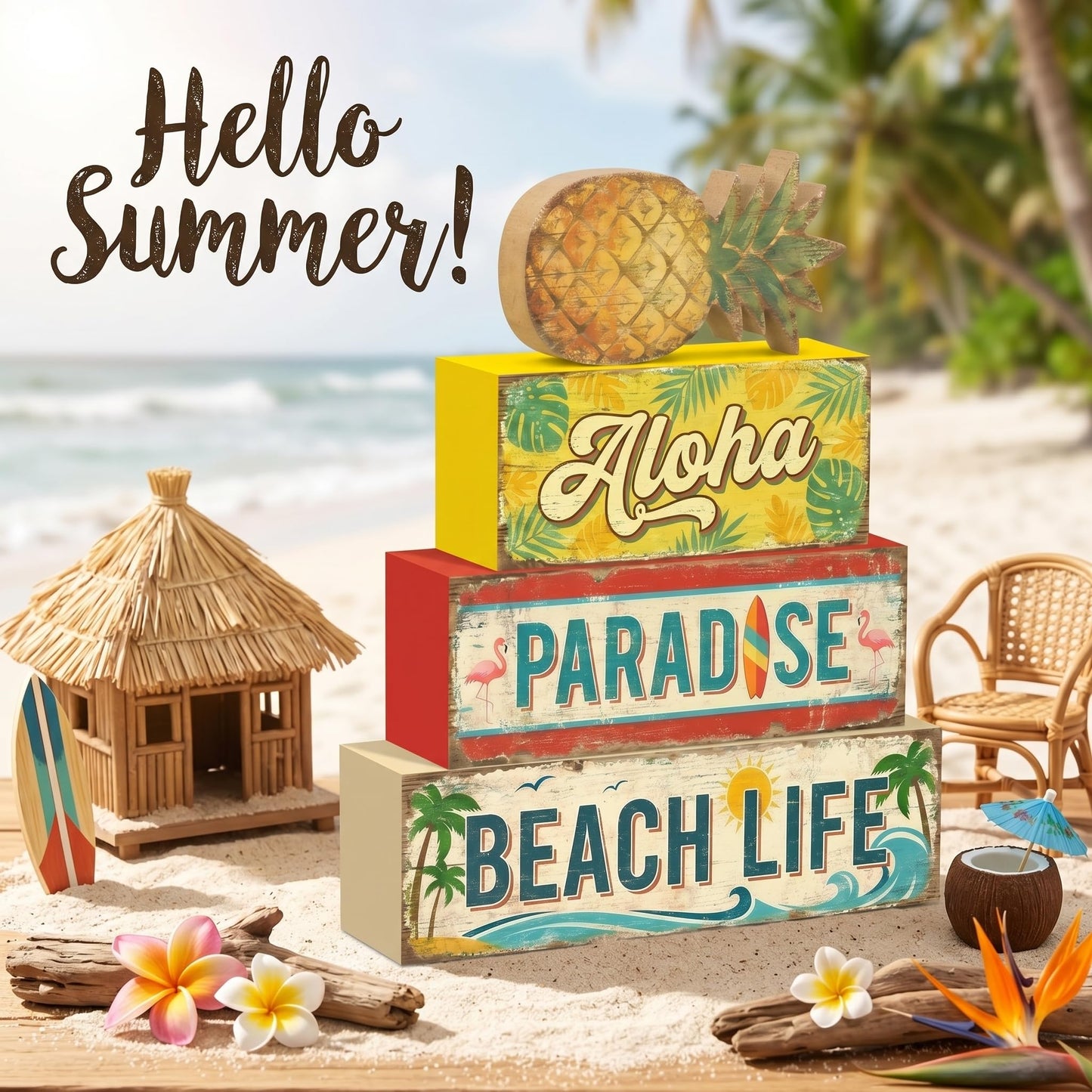 4 Pcs Tropical Pineapple Party Decorations Summer Hawaiian Luau Table Wooden Signs Summer Beach Tiered Tray Decor Fruit Home Bar Shelf Sitter Aloha Paradise Tiki Table Top Gifts