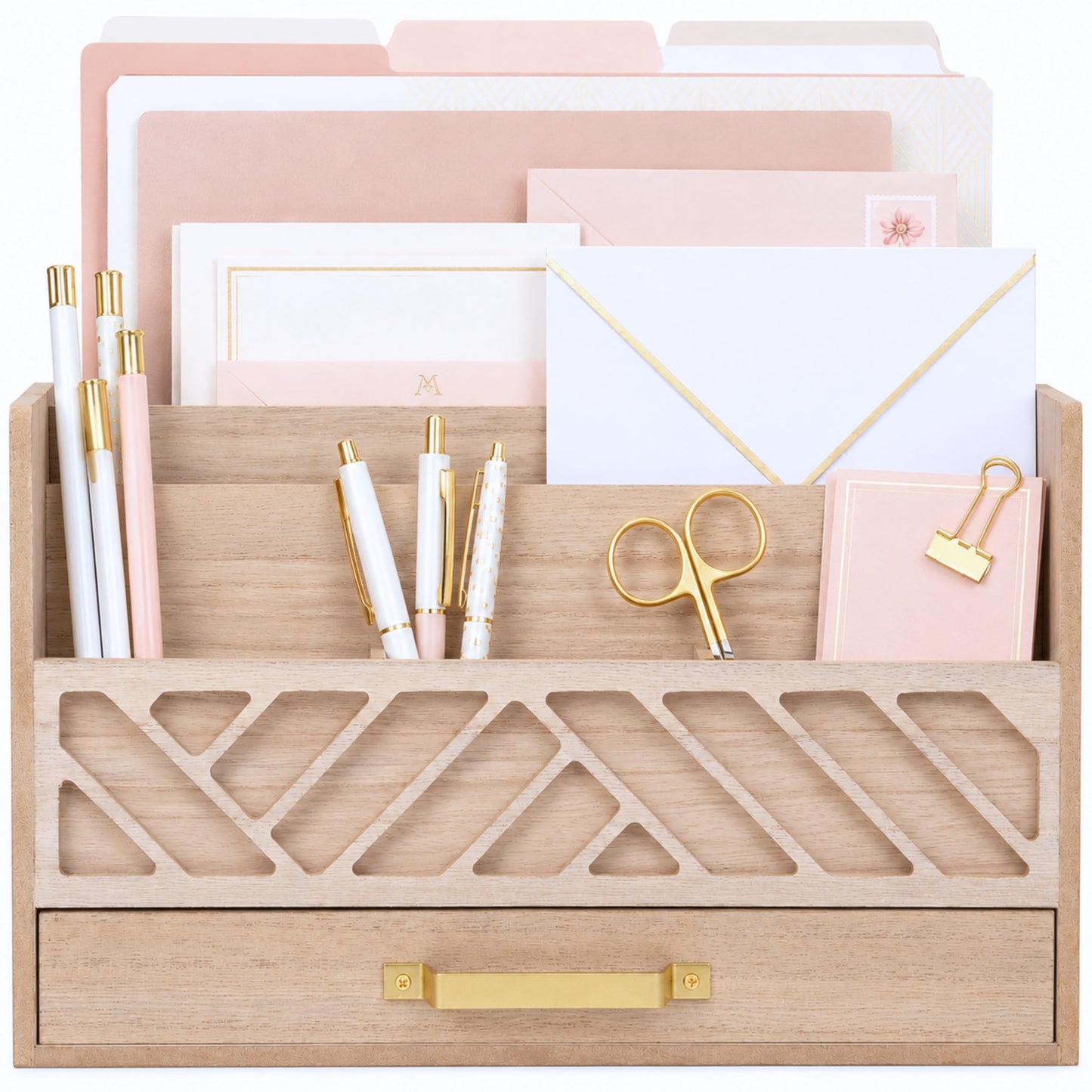 BLU MONACO | Wooden Mail Organizer with Drawer and Gold Handle | Outgoing Mail Holder and Letter Sorter for Desk | Natural Wood Desktop Paper Organizer