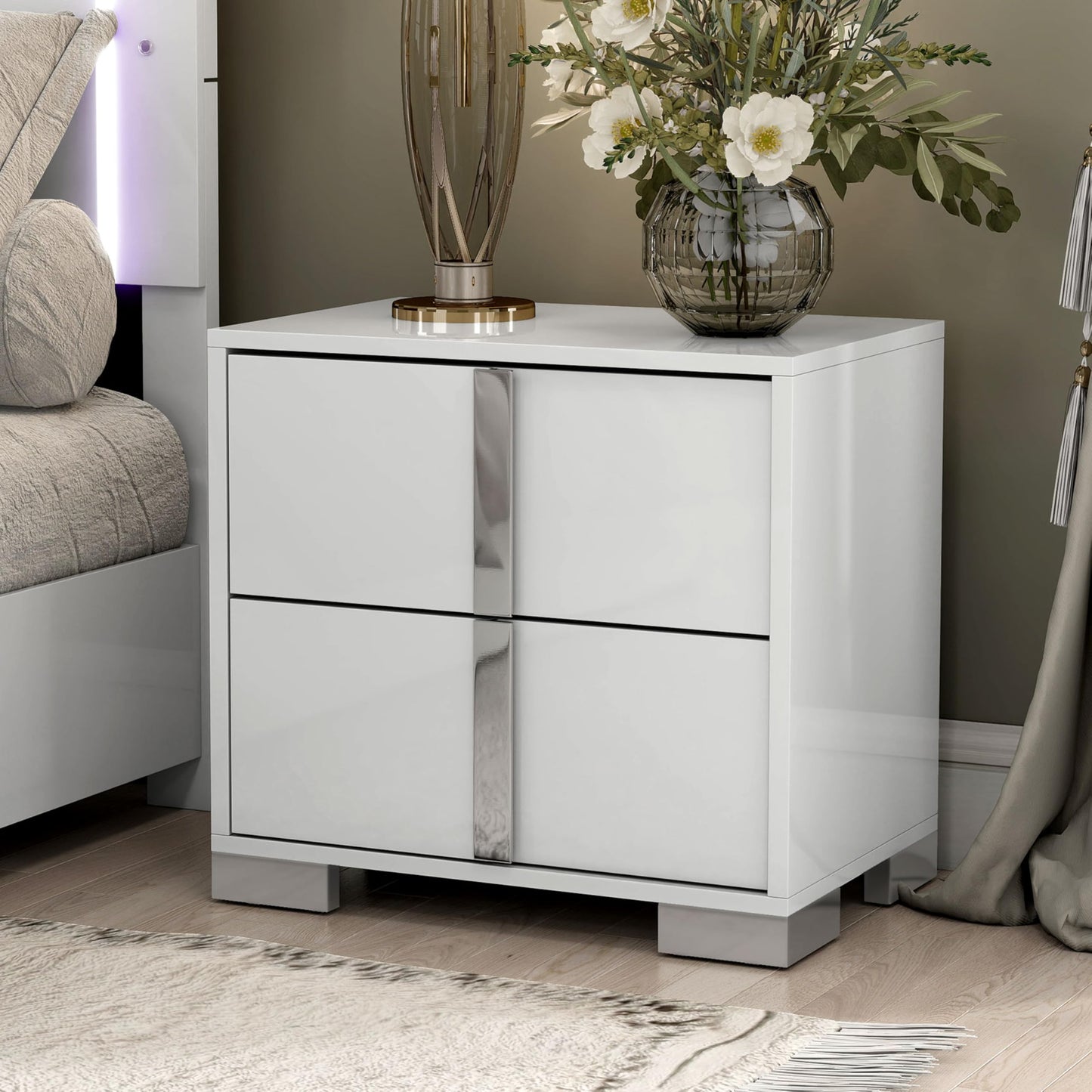 Furniture of America Alistair Modern Wood Nightstand with 2 Drawers and Vertical Chrome Handles, Large Bedside Table, Wooden Night Stand for Bedroom, Guest Room, Dorm, No Assembly Needed, White