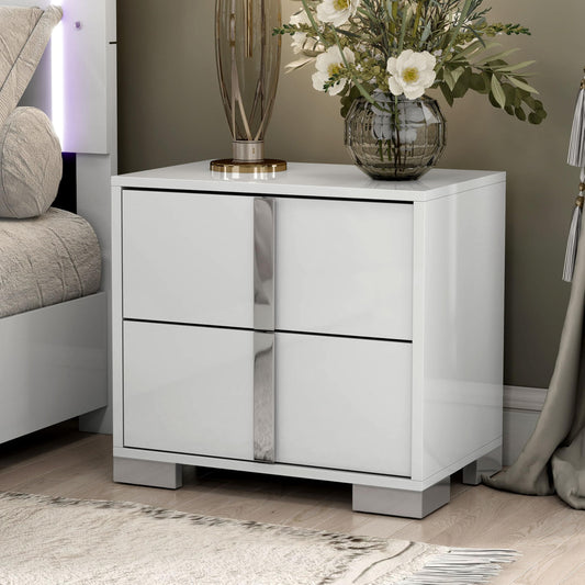 Furniture of America Alistair Modern Wood Nightstand with 2 Drawers and Vertical Chrome Handles, Large Bedside Table, Wooden Night Stand for Bedroom, Guest Room, Dorm, No Assembly Needed, White