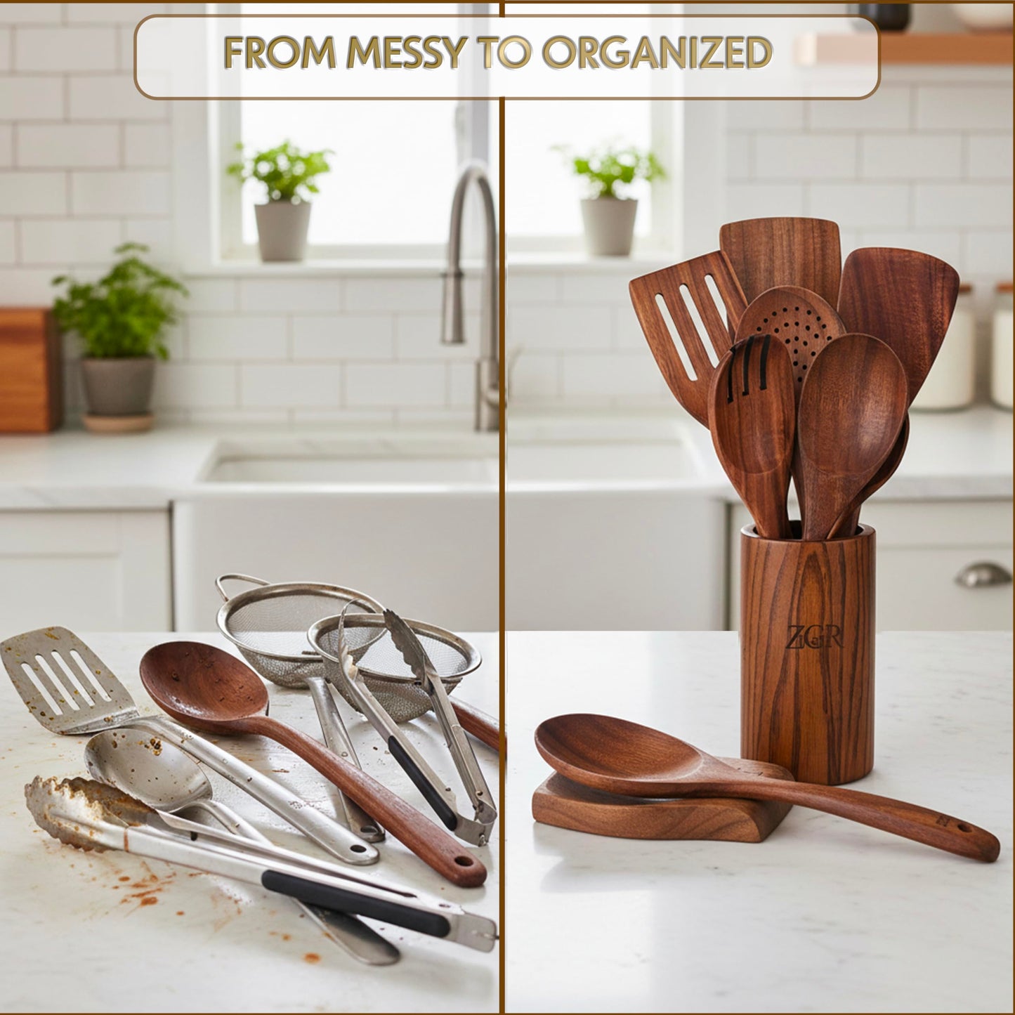 Wooden Spoons for Cooking - 9 Pieces Natural Teak Wood Kitchen Utensils Set with Utensil Holder & Spoon Rest - Durable Heat Resistant, Safe, Smooth Curved Grip - Non-Scratch & Non-Stick Spatula
