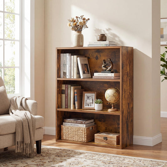 Alpen Bookshelf, 3 Shelf Bookcase Floor Standing Shelves for Bedroom, Short Bookshelf with Storage Adjustable Bookshelf Furniture for Home Office, Living Room, Nursery, Rustic Brown