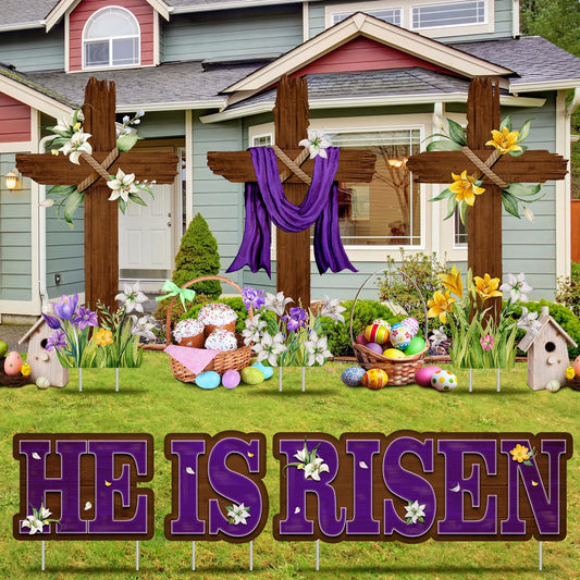 Menkxi 14 Pcs Easter Large Yard Sign Holiday Outdoor Lawn Decorations Religious He Is Risen Easter Yard Decor with Stakes Spring Cross Sign for Lawn Pathway Garden Christian Holiday Party Decor