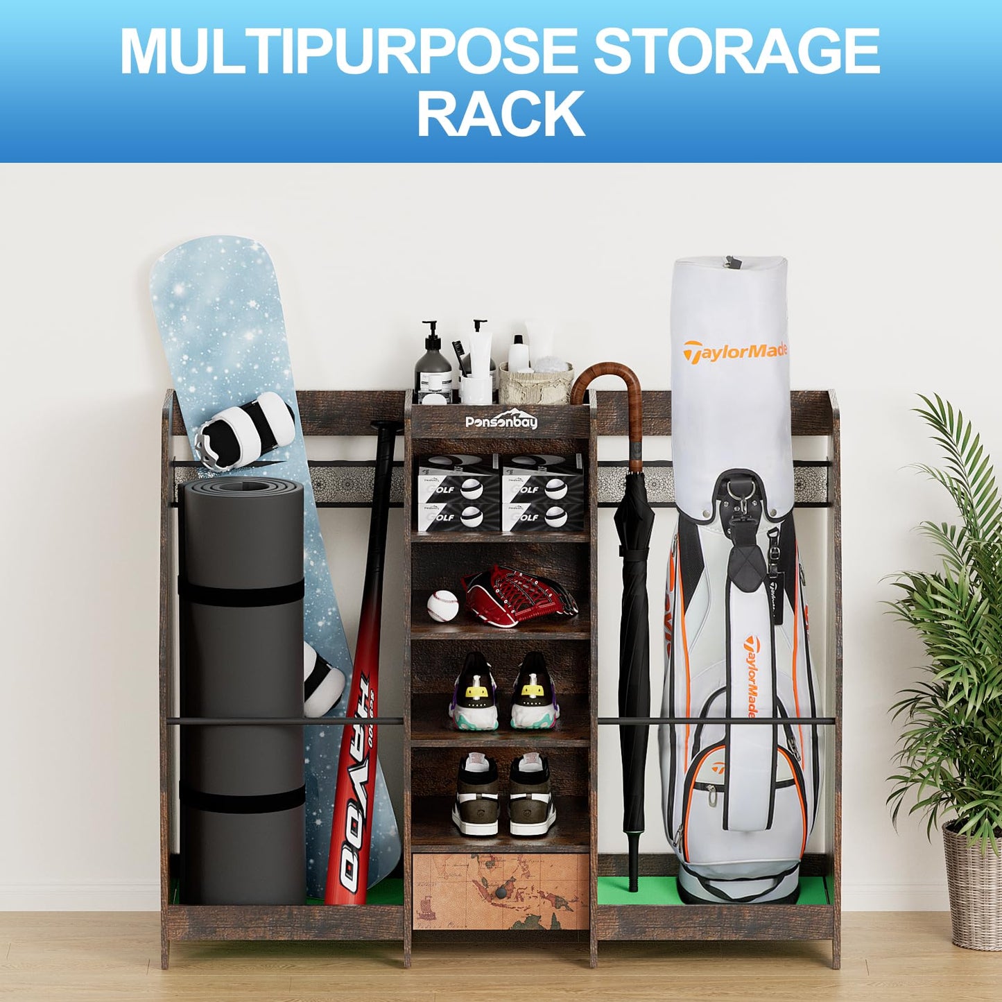 Ponsonbay Golf Bag Storage Organizer for Garage, Premium Wooden 2 Golf Bags Rack with Drawer, Easy Assemble Golf Club Stand/Holder Suitable for Garage Home Simulator and Office (Retro)