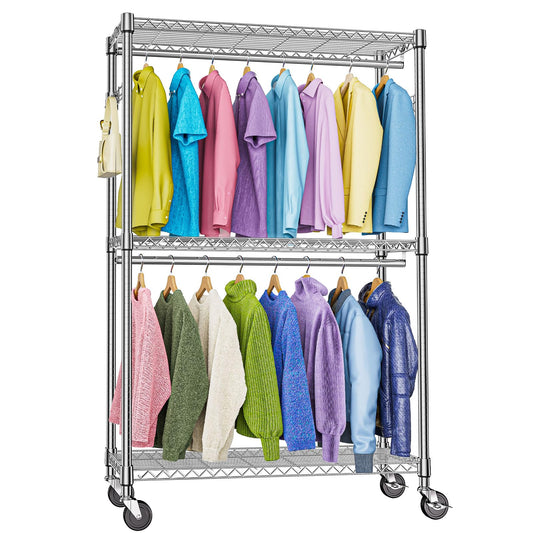 M MZG Heavy Duty Rolling Garment Rack 3 Tiers Adjustable Wire Shelving Clothes Rack with 2 Rods and Side Hooks,Storage Closet Clothing Rack with Wheels Chrome 15.7" D x 45.3" W x 79.6" H