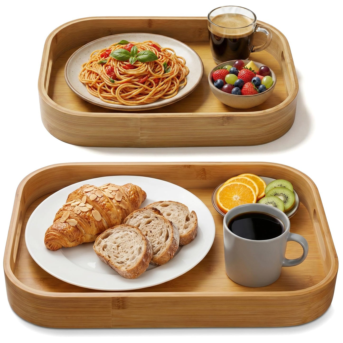 2-Pack Bamboo Serving Trays with Handles (16" & 13") – Large Solid Wood Breakfast Tray for Bed, Food Serving Platter for Coffee, Tea, Dinner, Party, Decorative Tray for Kitchen Counter & Living Room