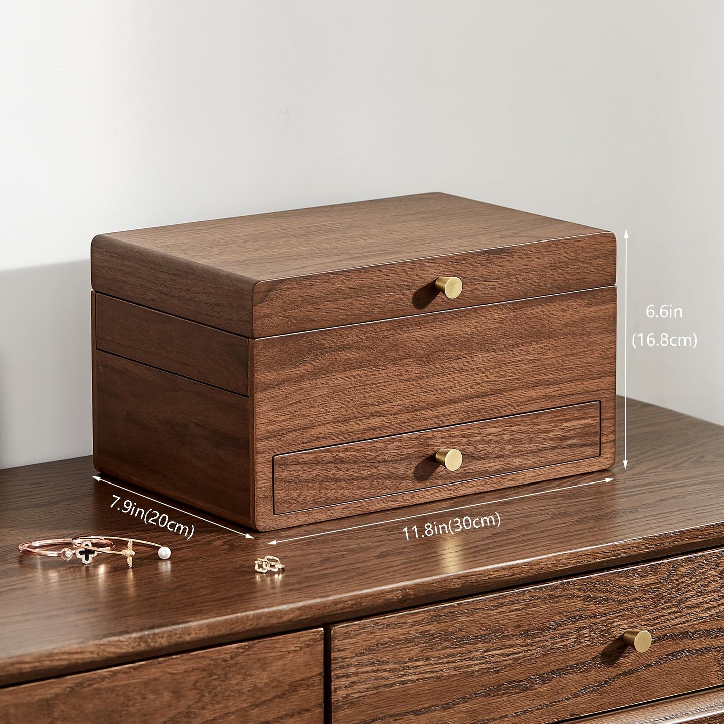 Homruilink Wooden Jewelry Box for Women, 3 Level Multi-functional Drawers Black Walnut Jewelry Organizer Box, Watch, Necklace, Ring, Earring Storage - Fathers Day Gift (No Mirror)