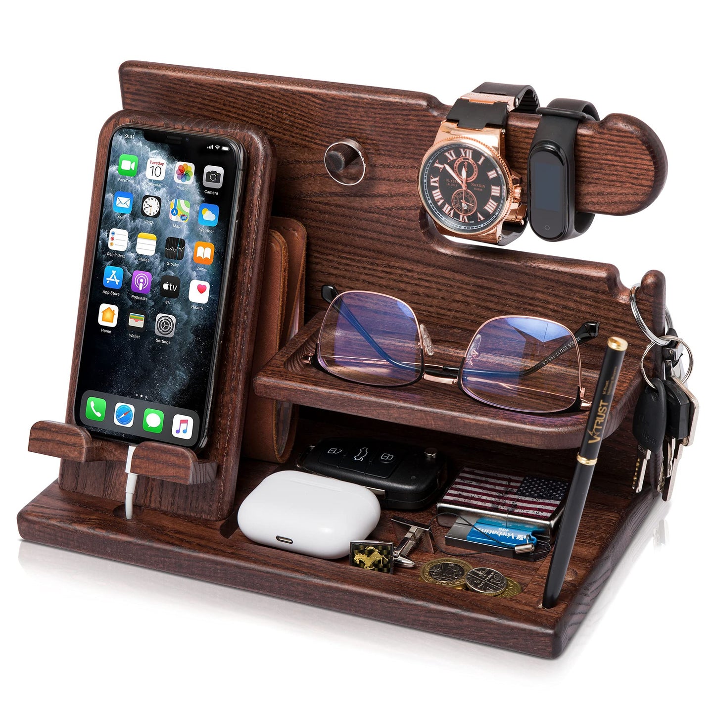 TESLYAR Wood Phone Docking Stations for Men - Desk or Nightstand Organizers