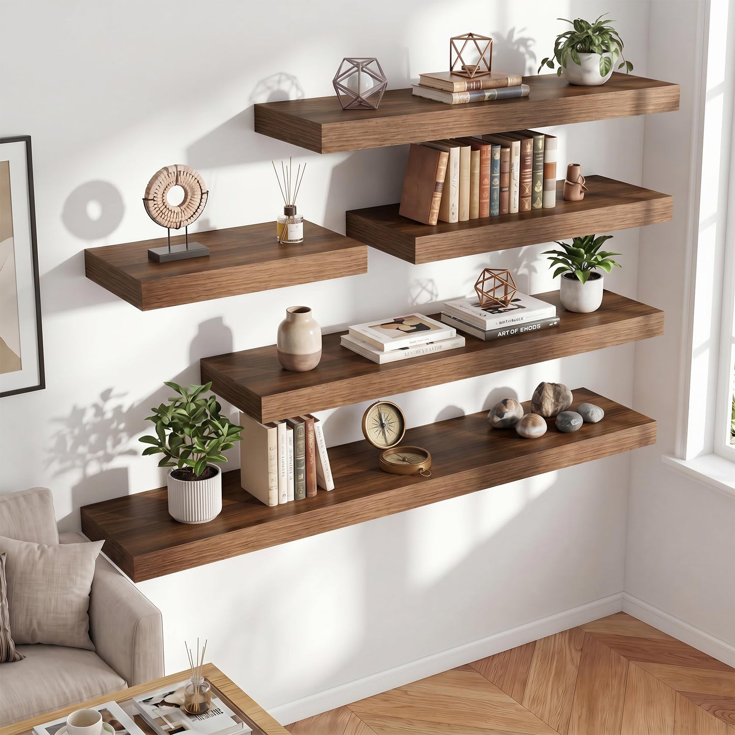 FLYJOE 24 Inch Long Floating Shelves for Wall Set of 2, 12" D Wood Grain Bathroom Shelves with Invisible Brackets, Easy Install Engineered Wood Storage Shelves for Kitchen, Living Room, Bedroom