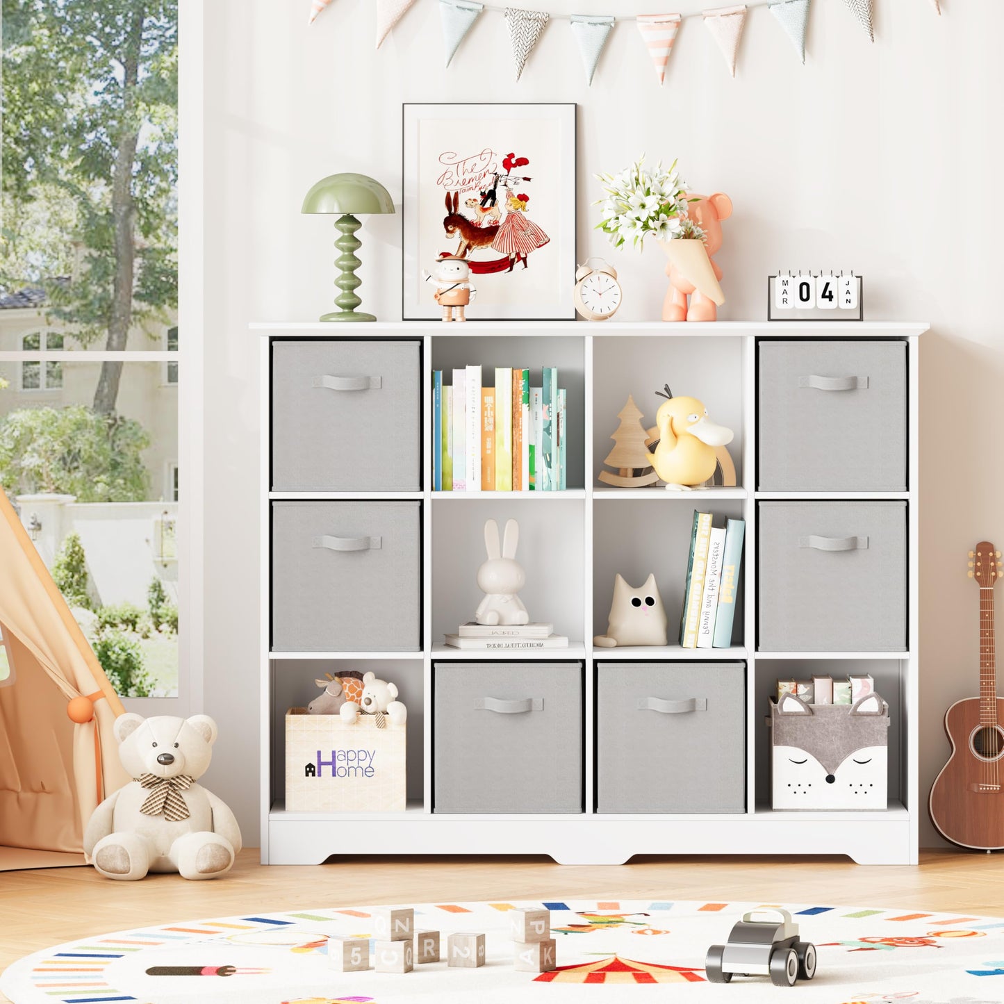 METOTI 12 Cube Storage Organizer Shelf, Wood Cubby Storage with 6 Fabric Drawers, 3 Tier Wooden Bookshelf with 2 Adjustable Shelves & Fluted Side Panels for Bedroom, Living Room, Home Office, Whtie