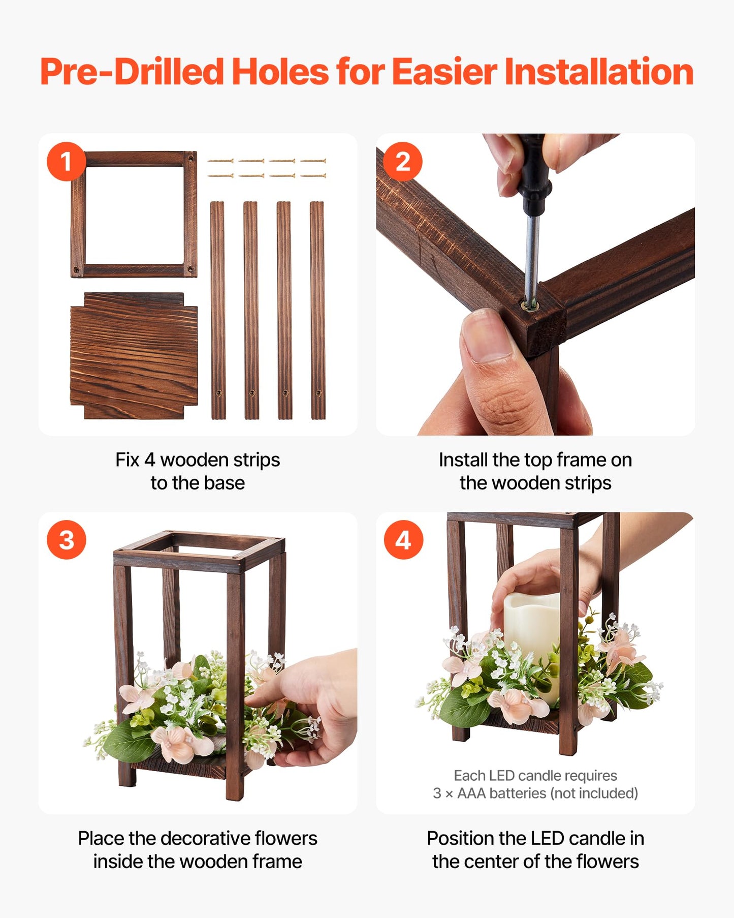 VEVOR 20 Set/60 Pcs Wooden Wedding Lantern Centerpiece, Includes 20 Wooden Lantern Candle Holder 20 Flameless LED Candle 20 Champagne Flower Wreath for Wedding Table Party Farmhouse Decor, Brown