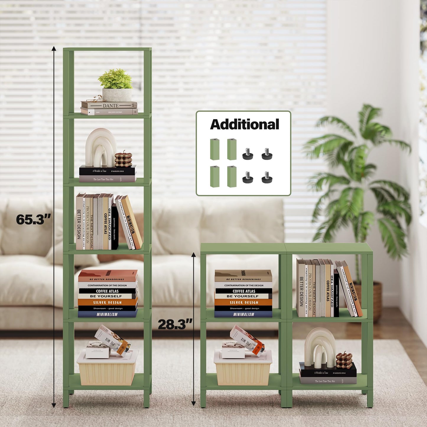 TUTOTAK Bookshelf, 6-Tier Tall Book Shelf, Narrow Bookcase for Small Space, DIY Stackable Bookshelf, for Living Room, Office, Study, Entryway, Industrial, Olive Green BS01BOG006