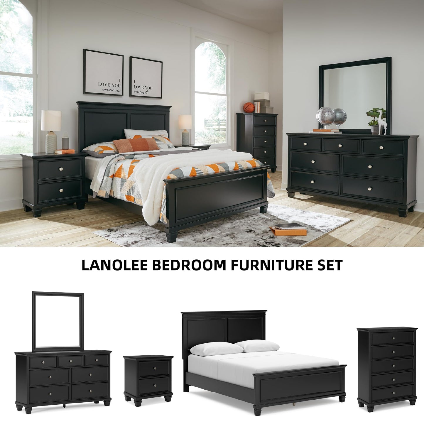 Signature Design by Ashley Lanolee Black Chest of Drawers, Tall Dresser, 5-Drawer Wooden Dresser for Bedroom, 36" W x 17" D x 50" H