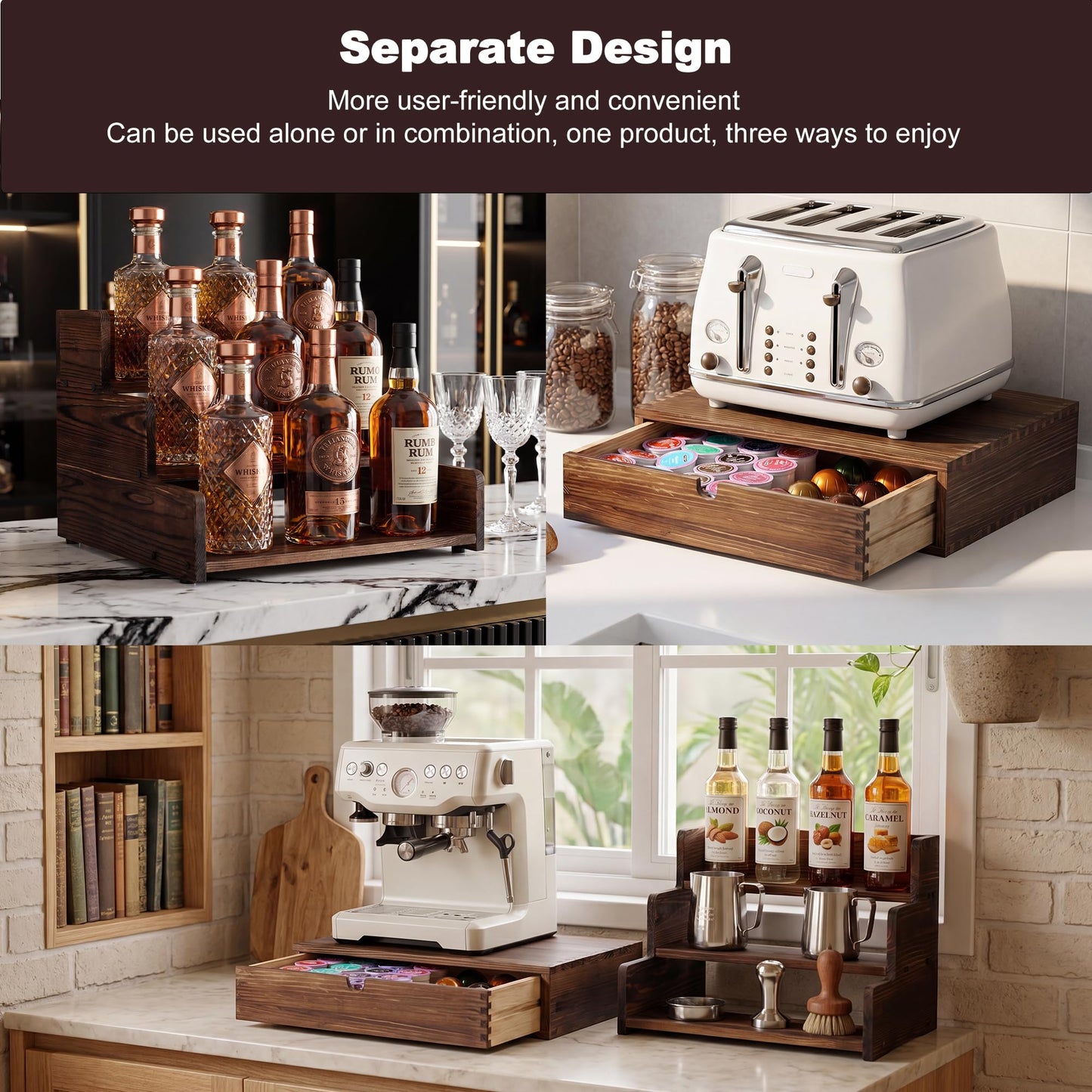 Wooden Coffee Station Organizer with K Cup Holder, 3-Tier Syrup Rack with Coffee Pod Holder Drawer,30 Pod Capacity, Coffee Bar Organizer for the Office and Home Kitchen,Rustic Brown