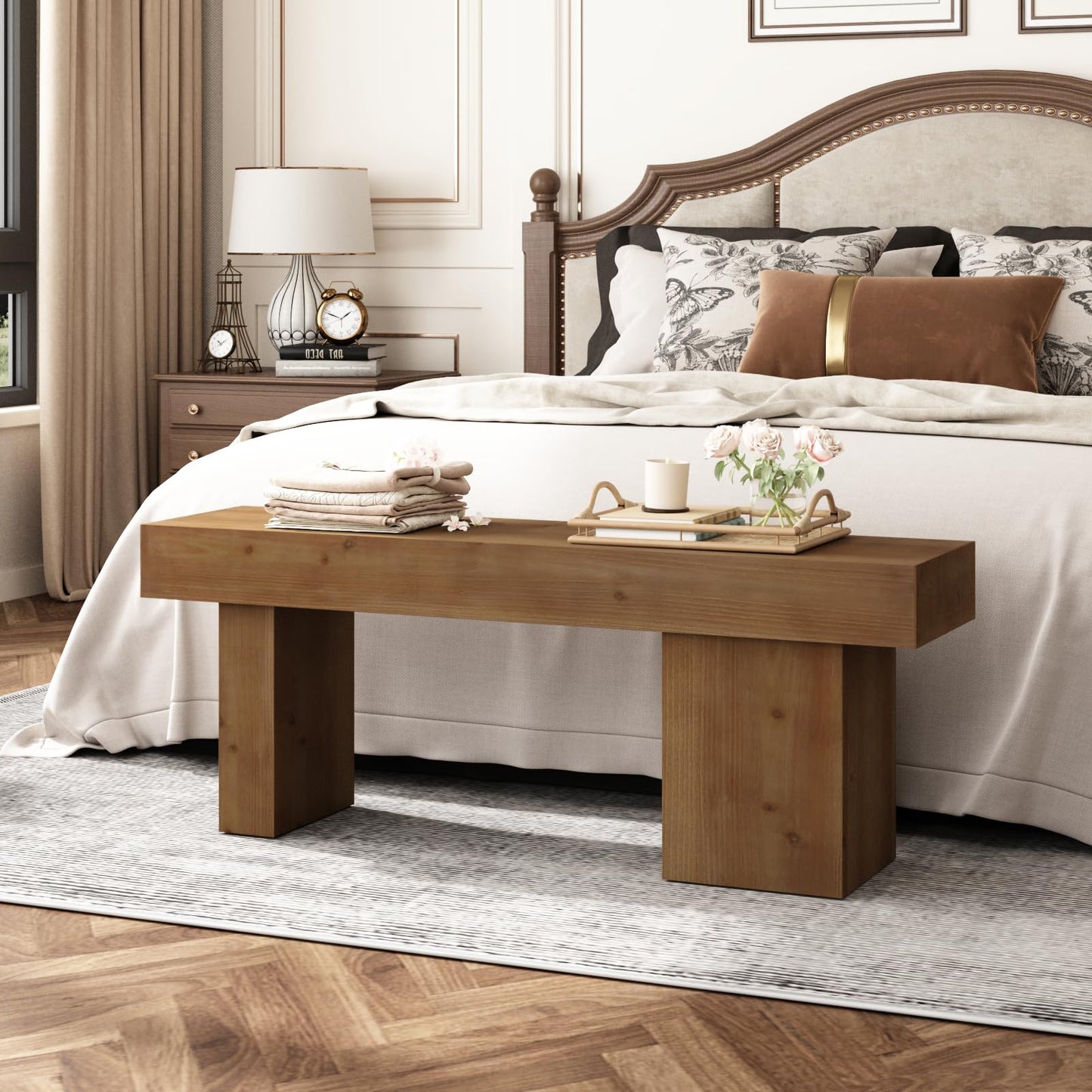 WINWY Farmhouse Solid Wood Entryway Bench, 47.3" Rustic End of Bed Bench for Bedroom, Handcrafted Accent Seating for Dining, Kitchen, Hallway, Living Room - 15 Min Assembly