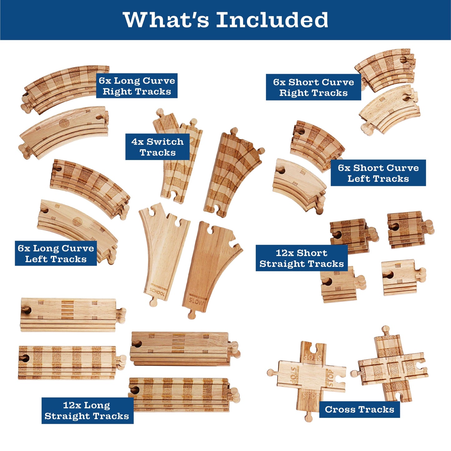 56 Piece Wooden Street and Train Track Set - for Wooden Vehicles and Trains - Train Track Accessories Compatible with All Wood Train Track Sets