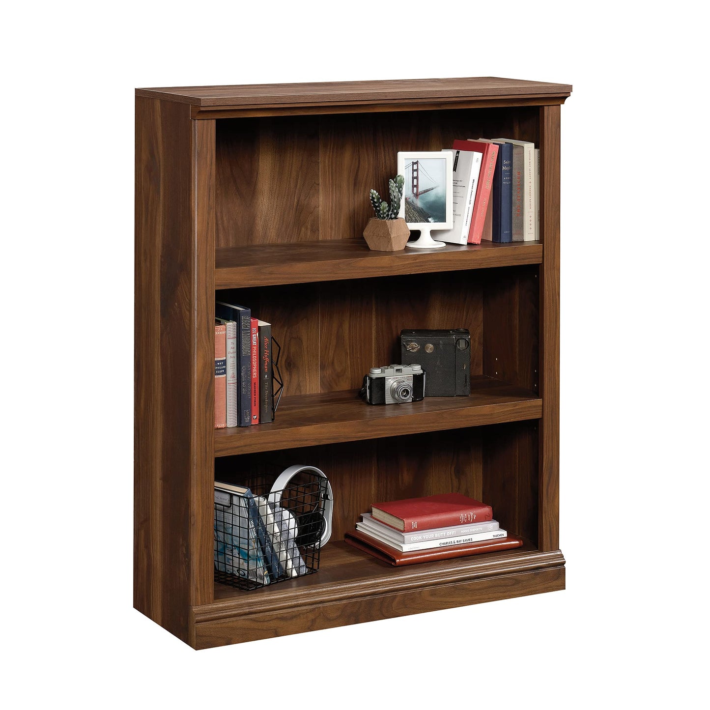 Sauder 3 Tier Book Shelf Wooden Bookcase Multipurpose Bookshelf for Home Office, Living Room, in Grand Walnut