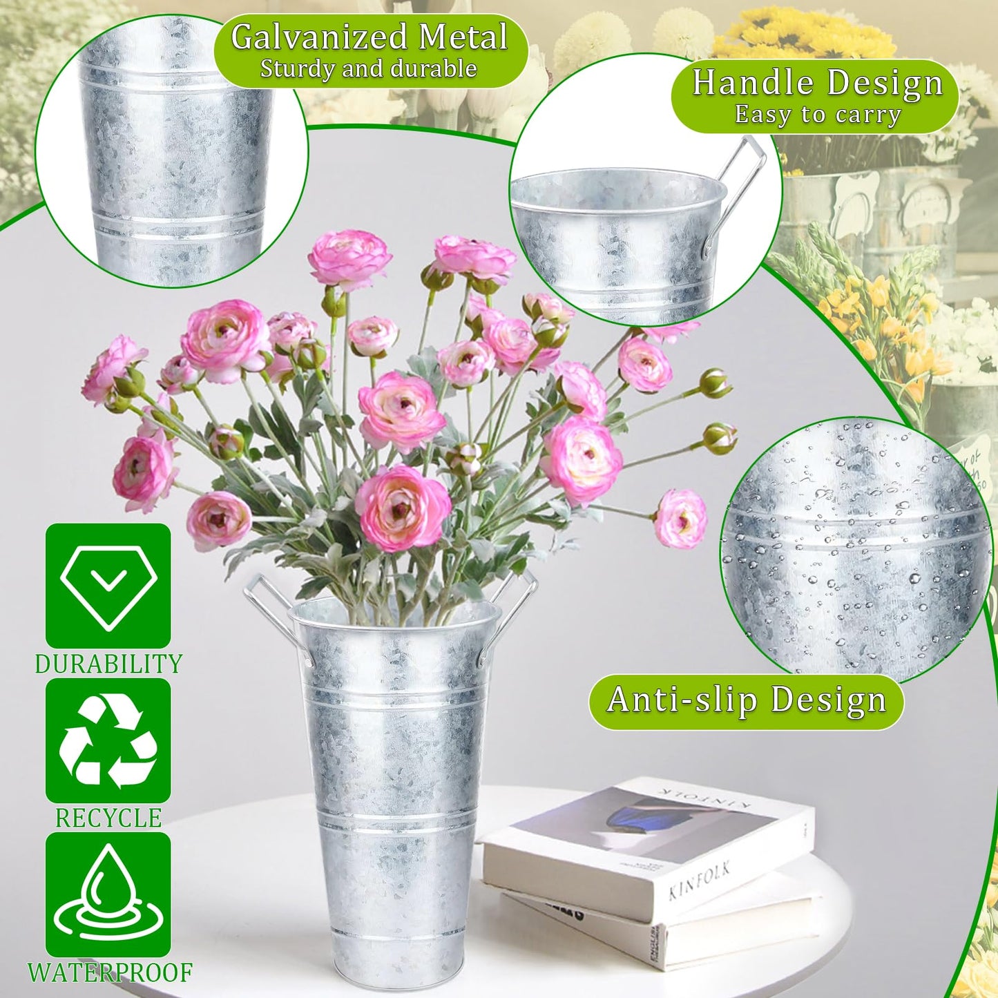 8Set Galvanized 10 Inch Metal Vases for Flowers, Rustic Flower Bucket Vases with Small Chalkboard Label, Metal Vase with Handle Flower Bar Supplies for Home Garden Wedding Cut Flowers Sparkler Holder