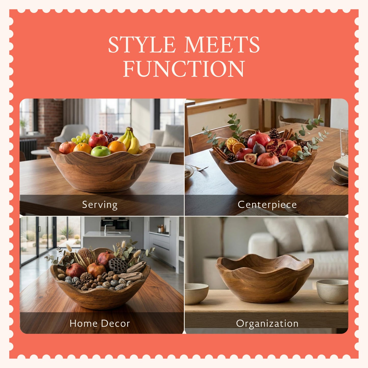 Mela Artisans 12 in Wide x 4 in Tall Scalloped Acacia Wood Salad Bowl – Decorative Serving and Fruit Bowl with Natural Finish for Kitchen Counter, Pasta, Bread & Home Decor