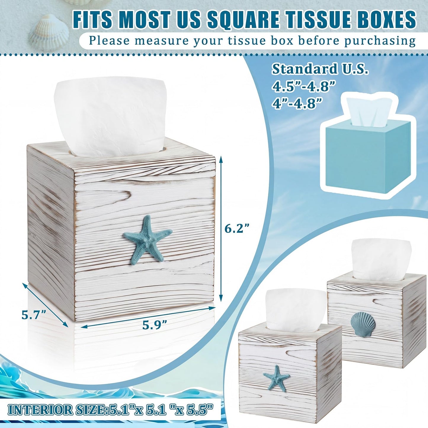 Thyle 2 Pcs Coastal Tissue Box Cover, Wooden Beach Square Tissue Box Holder Closure Starfish Shell Decorations Farmhouse Cube Napkin Holder for Coastal Bathroom Home Accessories Living Room Bedroom