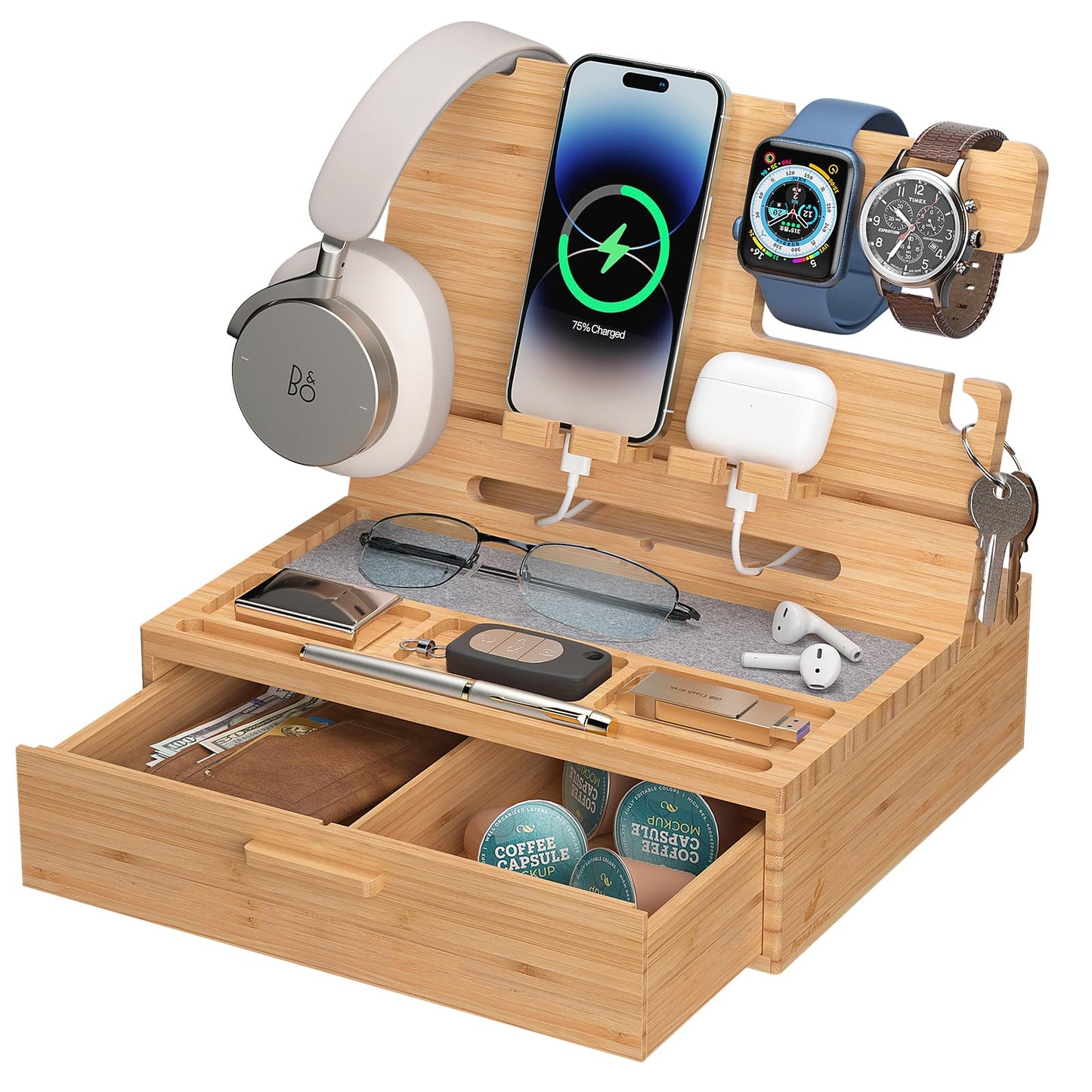Pezin & Hulin Wooden Charging Station, Bedside Nightstand Tray, with Spacious Drawer, Felt Pads for Phones, Watch, Idea Gifts for Him Birthday, Son, Christmas for Papa Fathers Day (Nature)