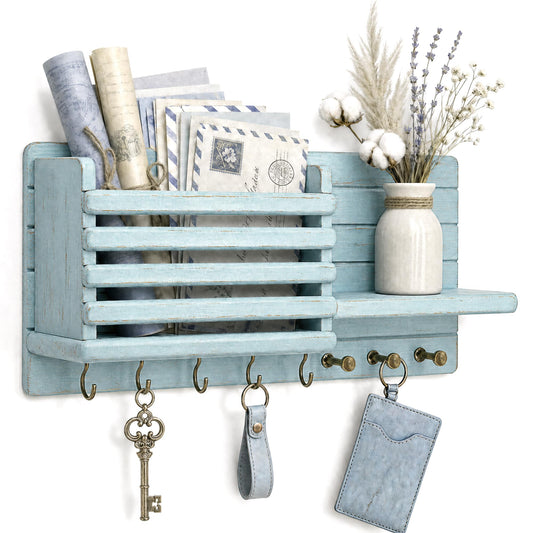 Rebee Vision Pine Wood Key Holder Wall Mount for Home Decor - Rustic Key Holder for Wall with 8 Hooks & Mail Slot – Farmhouse Wall Organizer for Entryway, Home Storage & Apartment Decor (Blue)