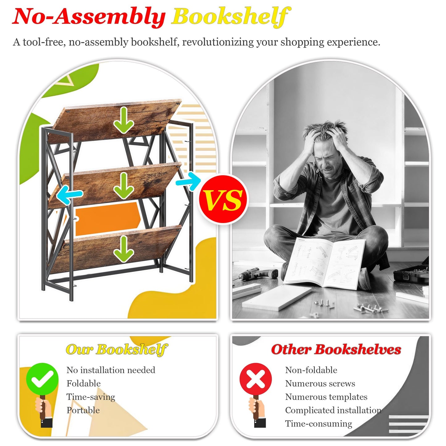 UDD No Assembly Wide Folding Bookshelf, 34" H x 30.9" W, 3 Tier Foldable Book Shelf Industrial Bookcase, Vintage Collapsible Storage Shelves for Home Office Living Room Bedroom, Rustic Brown Black