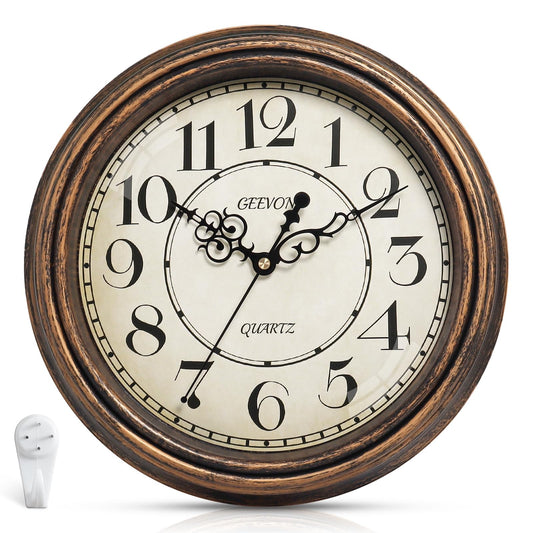 Geevon Vintage Wall Clock, Silent 12" Non Ticking Retro Round Clock Quartz Decorative Battery Operated Wall Clock for Kitchen, Office, Bedroom, Living Room, Classroom, Decor
