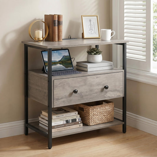 Edbuosy 27 Inch Wide Night Stand with Charging Station, Wood Nightstand with Open Shelf, Large Drawer Bedside Table for Living Room/Bedroom/Office, Rustic Gray