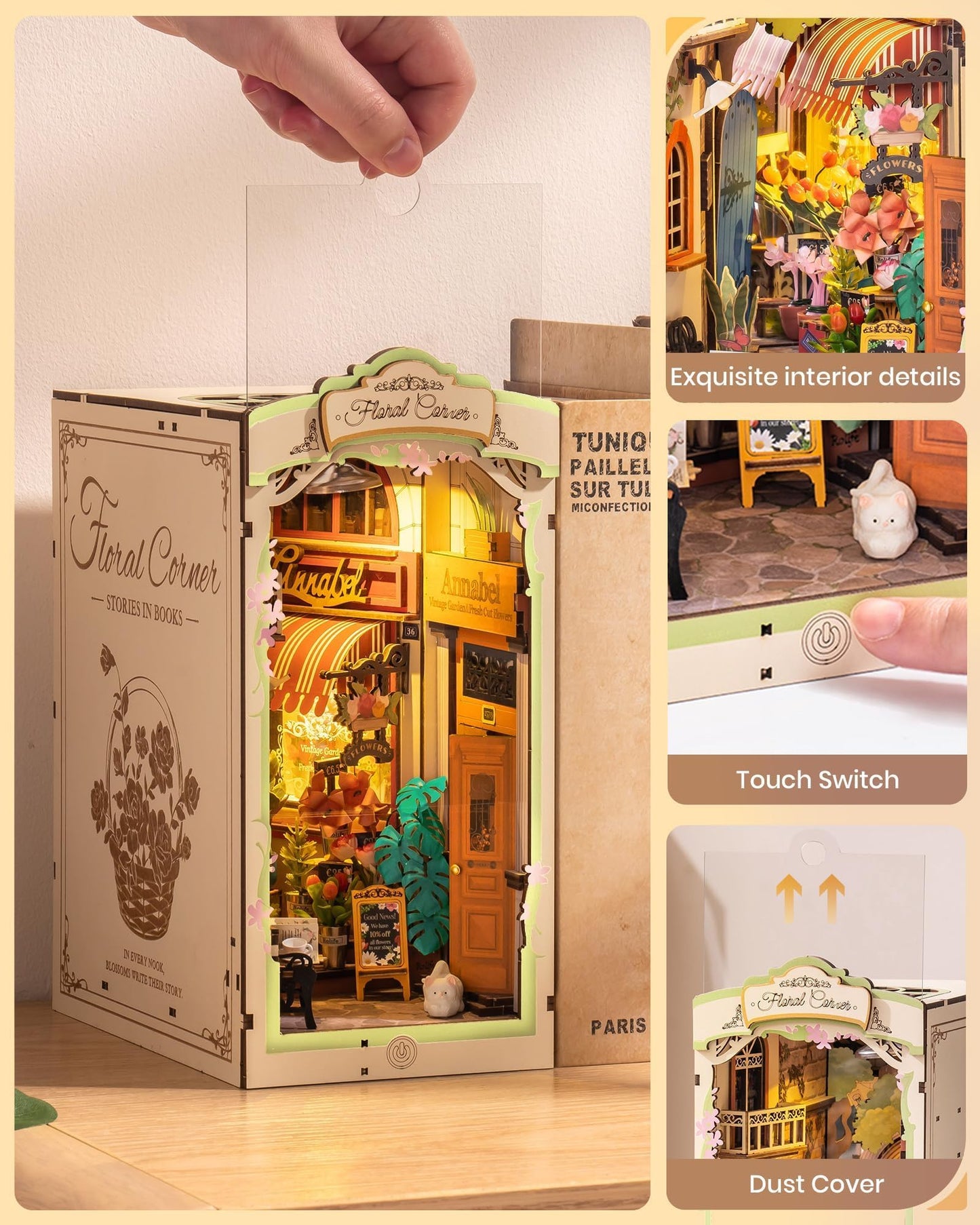 Rolife DIY Book Nook Kits for Adults, Miniature Dollhouse Booknook Kit for Home Room Decor, 3D Wooden Puzzle with LED, Flower Corner Creative Bookends Bookshelf Diorama Insert