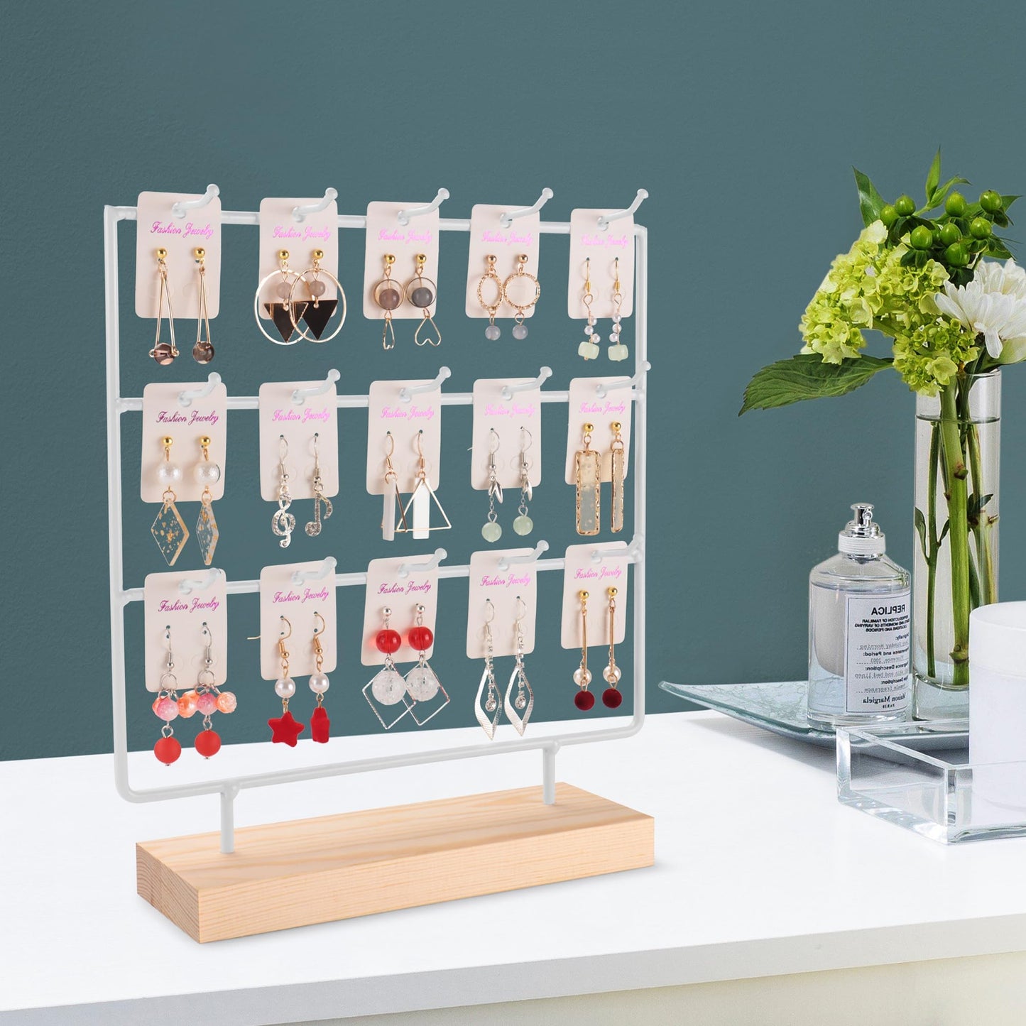 shidaishiye Earring Display Stand for Selling, Wood Earring Rack Tower Display Holder Stand (3 Tier,15 Hooks, White)