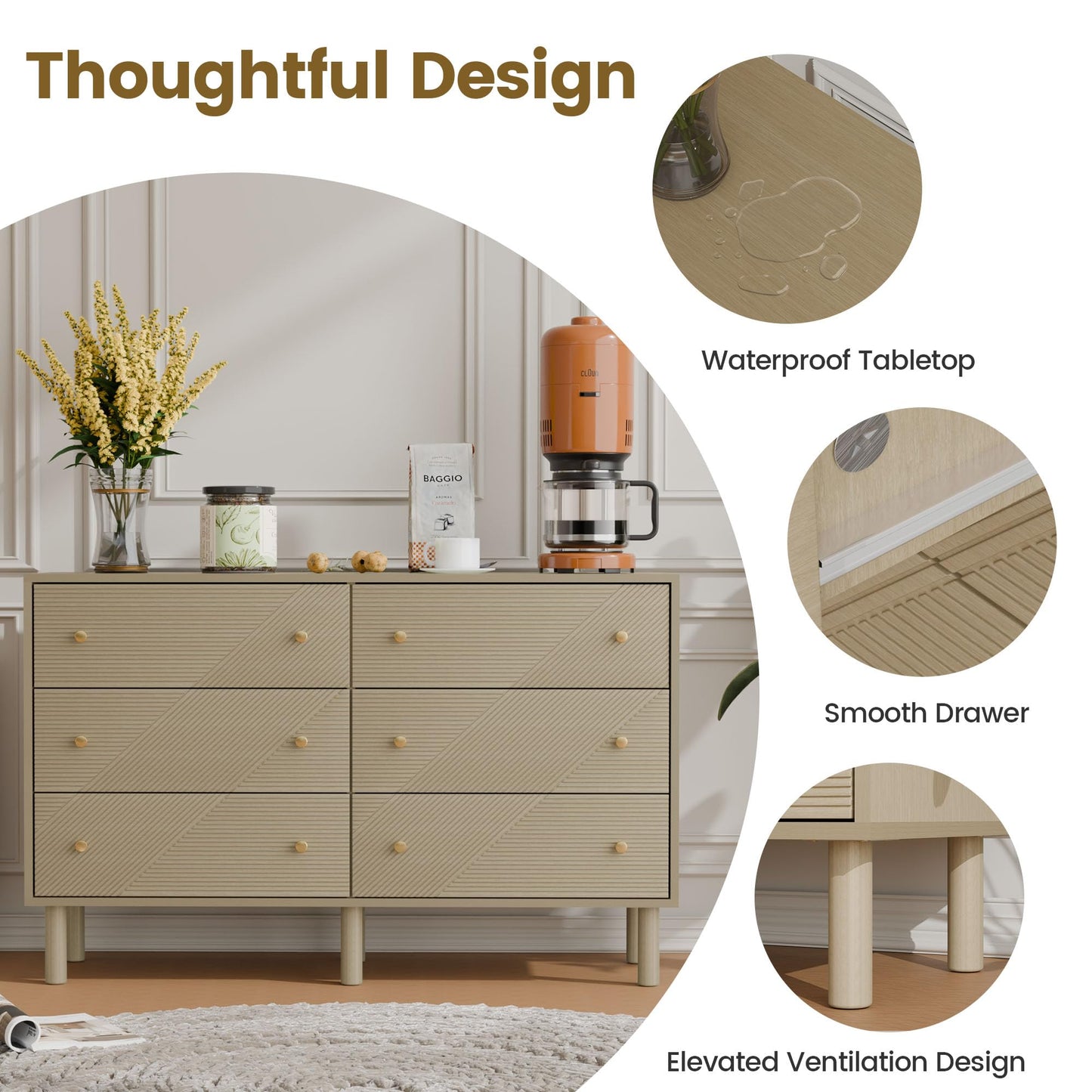 TRUNBACK Storage Drawers, 6 Drawer Dresser with Handles, 48" Wide Modern Wood Dresser Storage Cabinet Storage Chest for Living Room, Entryway, Hallway