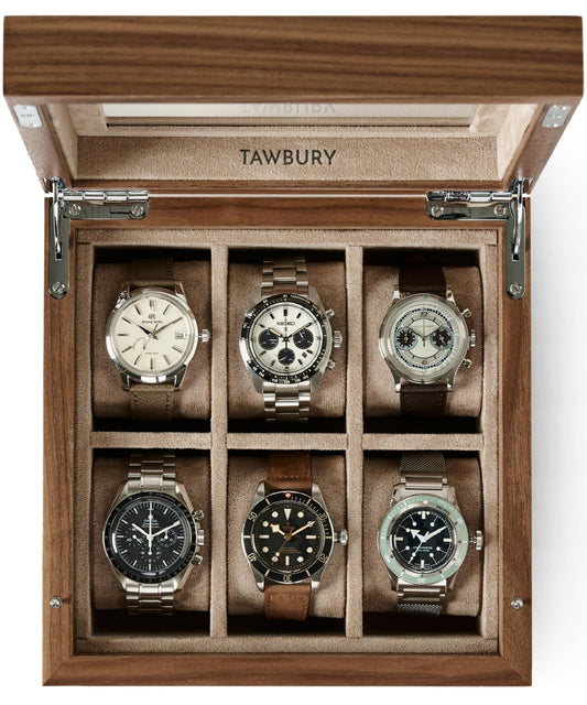 TAWBURY Wooden Watch Case - 6 Slot Wood Watch Box for Men & Women with Glass Display, Protective Fully Lined Interior and 2-inch Wide Pillows for Small & Large Watches (Classic Walnut)