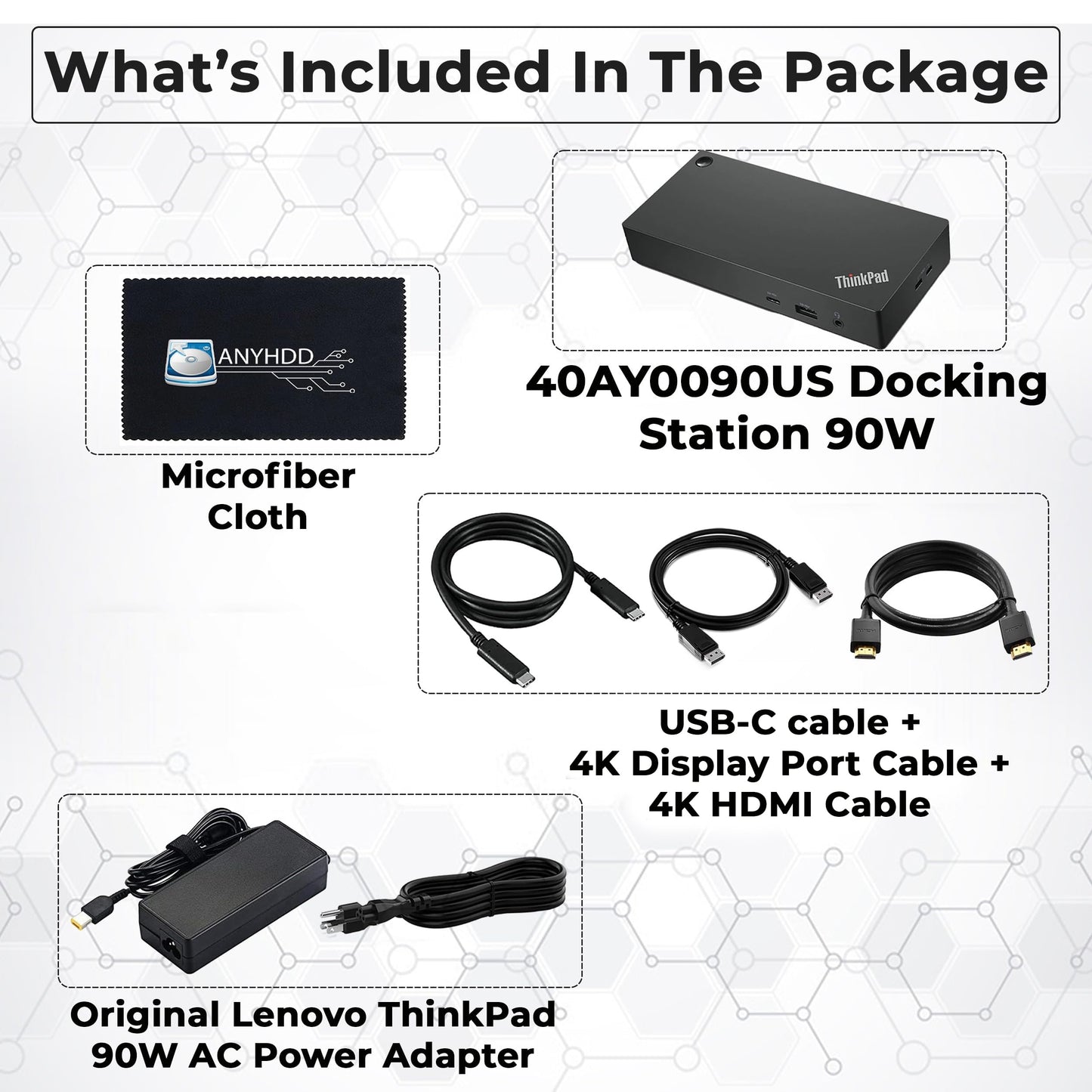 40AY0090US Lenovo Thinkpad Docking Station Dual Monitor - Supports 4K Display, Thinkpad Dock with 90W Adapter, HDMI, DisplayPort, USB C Cables & Cloth - Lenovo Docking Station