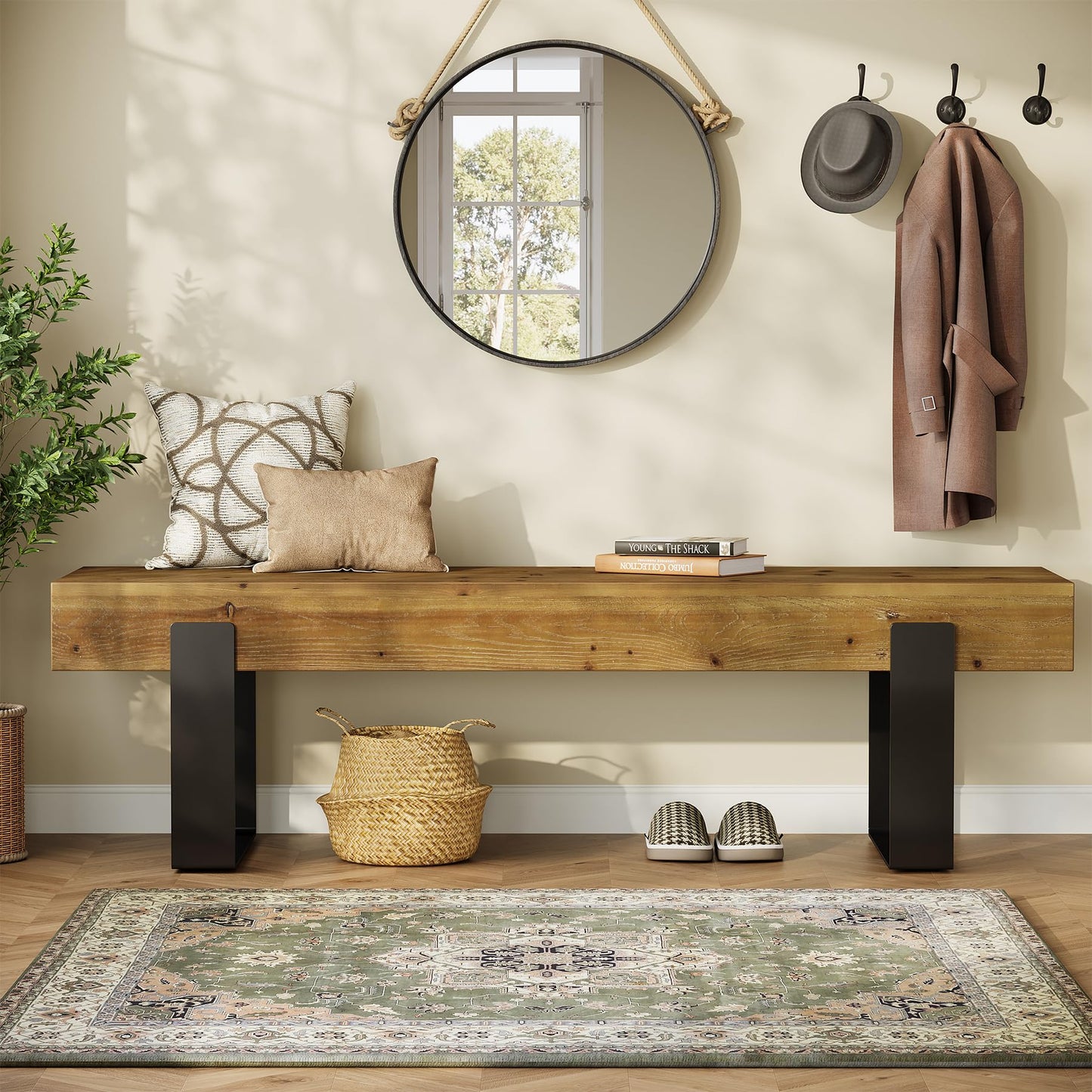 TRIBEWOOD Solid Wooden Entryway Bench, 63" Farmhouse Indoor Shoe Bench with Metal Legs, Industrial Long End of Bed Stool with Seating for Entry, Hallway, Porch, Living Room, Mudroom, Easy Assembly
