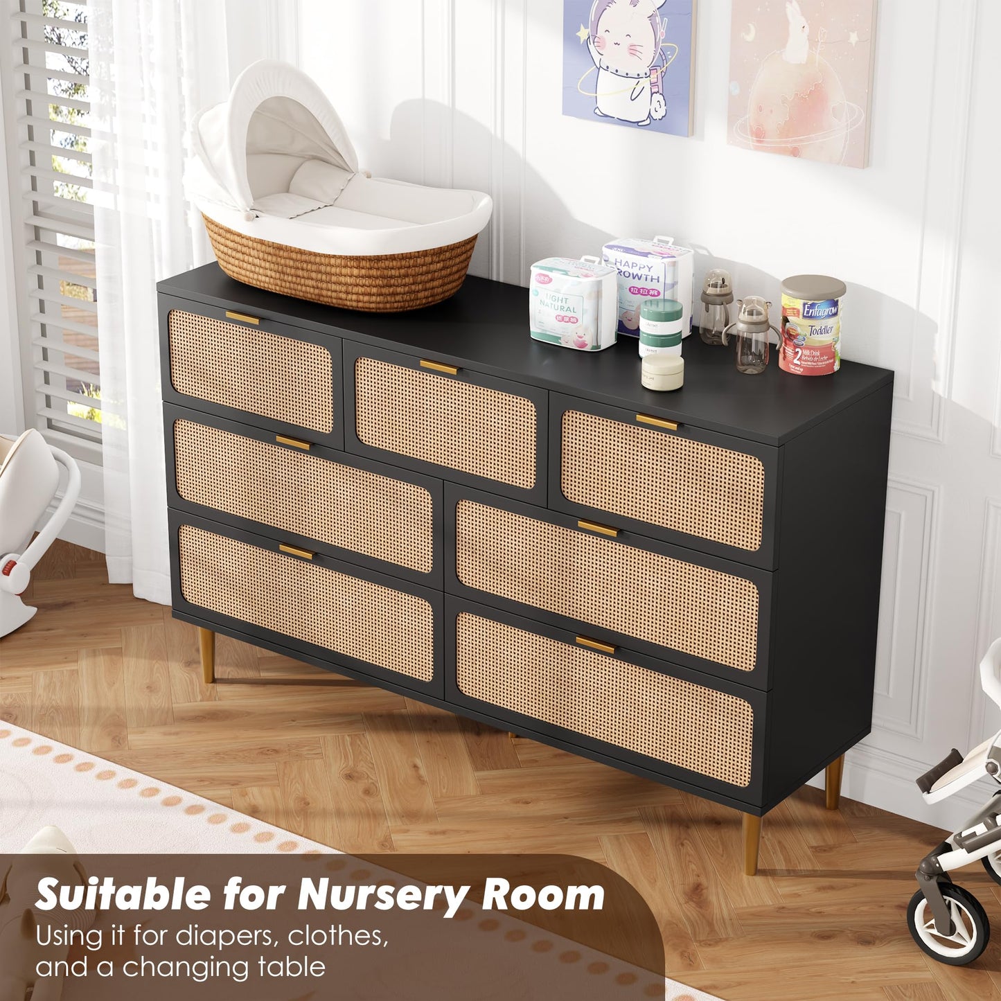 GarveeHome Rattan 7 Drawer Dressers for Bedroom, Tall Dresser with Deep Drawers, Large Chest of Drawers for Closet with Wide Top, Long Wooden Dresser for Living Room, Hallway, Kids Room, Black