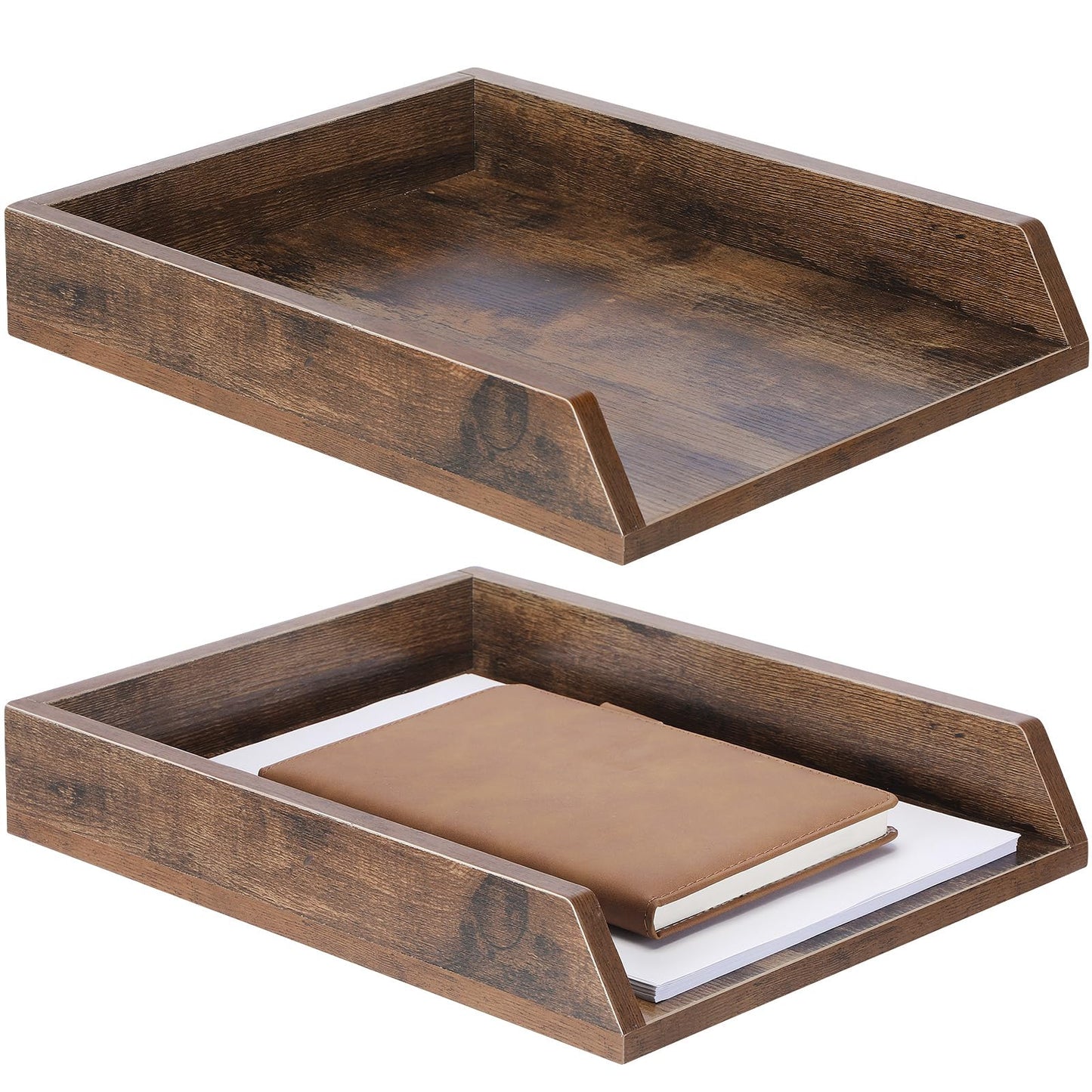 DoubleFill 2 Pcs Wooden Letter Trays Wood Letter-Size Desk Organizer Heavy Duty 2 Tier Stackable Supports Paper Tray Desktop Drawer Organizer File Folder Magazine Office Accessories (Dark Wood)