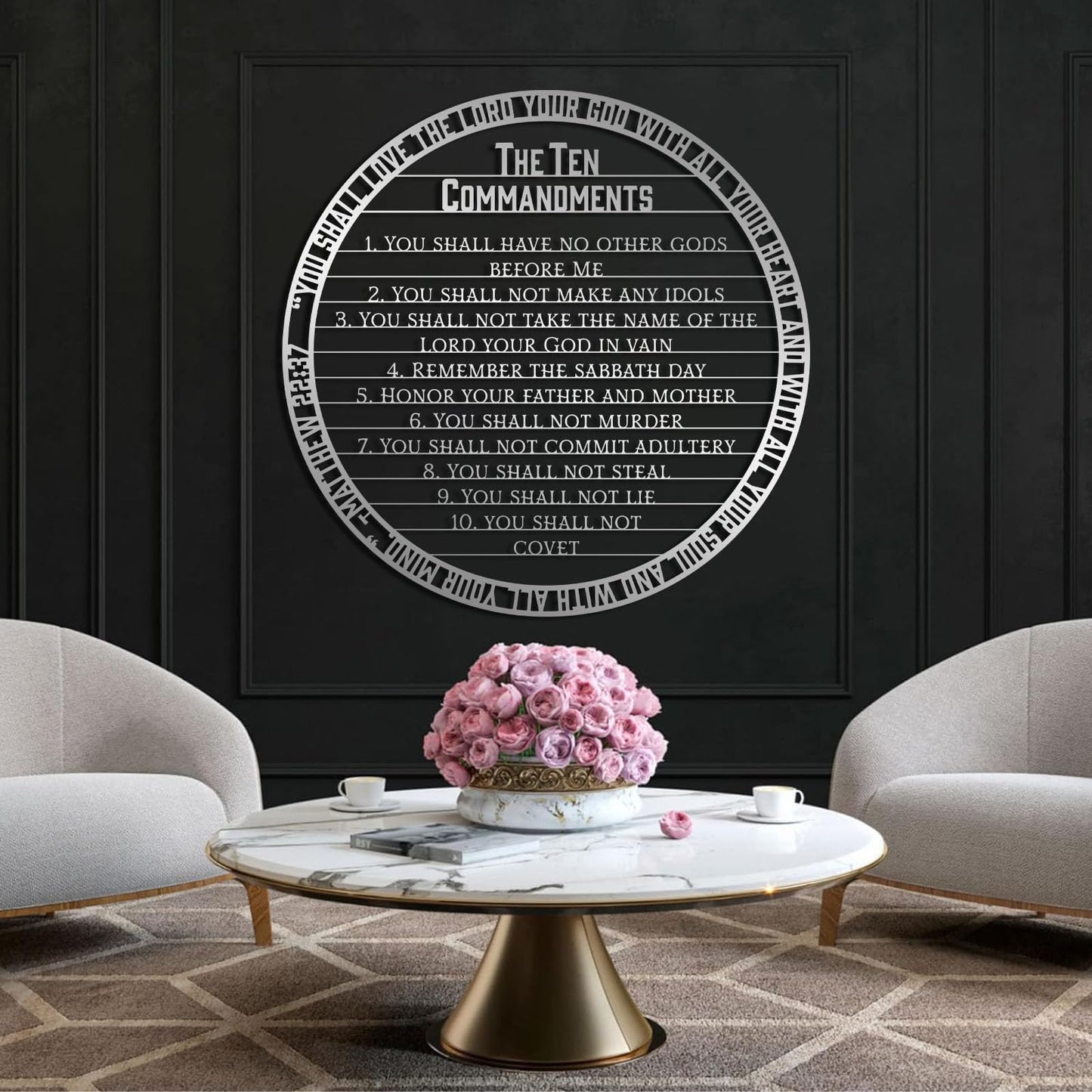 Christian Ten Commandments Metal Wall Art, 10 Commandments Bible Verse Metal Wall Art, Matthew 22:37 Scripture Wall Decor, You Shall Love The Lord Your God with All Your Heart (Gold, 24"x24"/60x60cm)