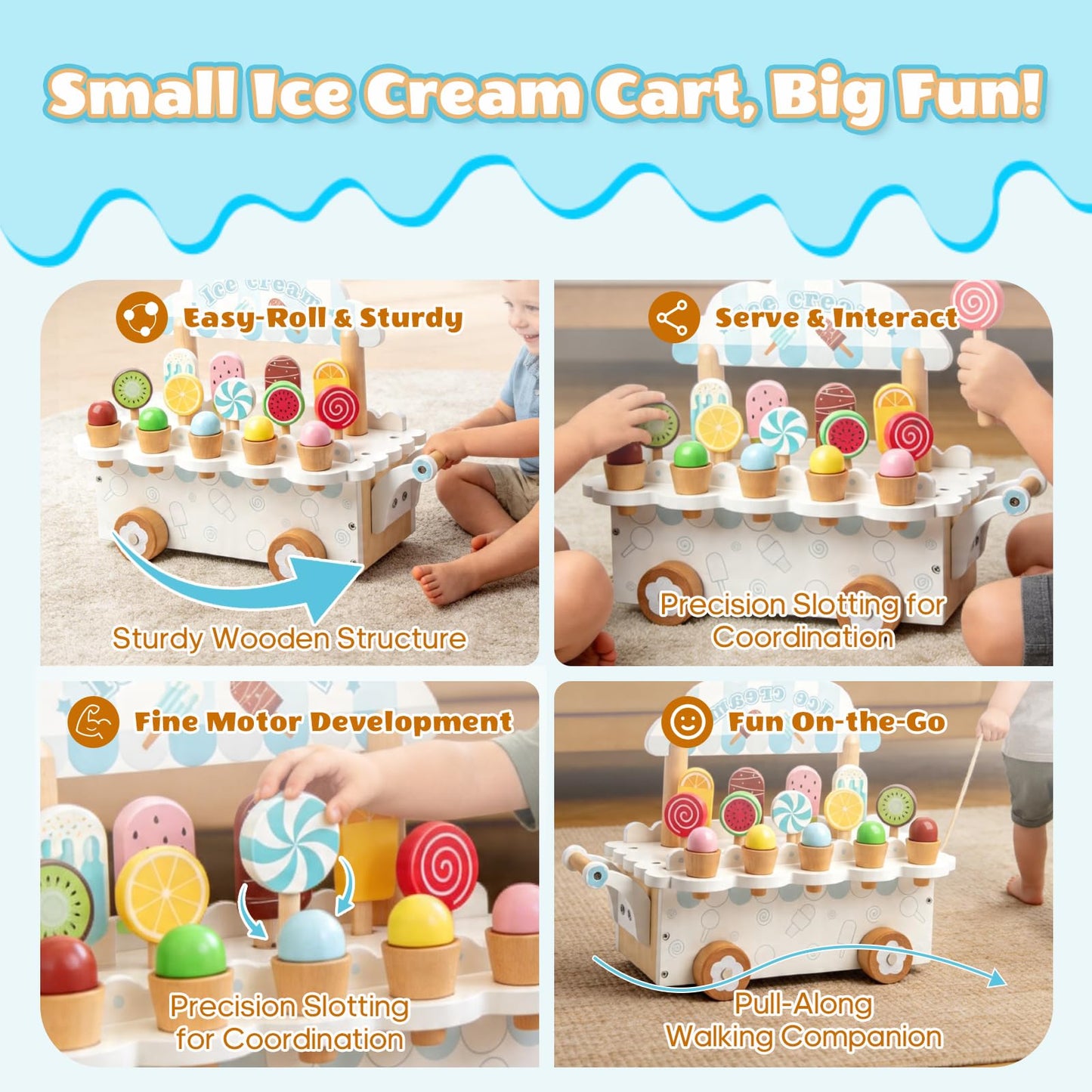 BROWNROOT Wooden Ice Cream Cart for Kids Pull Along Pretend Play Food Toys with Popsicles Ice Cream Cones ToyMontessori Role Play Toy Gift for Toddlers Girls Boys 3 4 5 Years Old