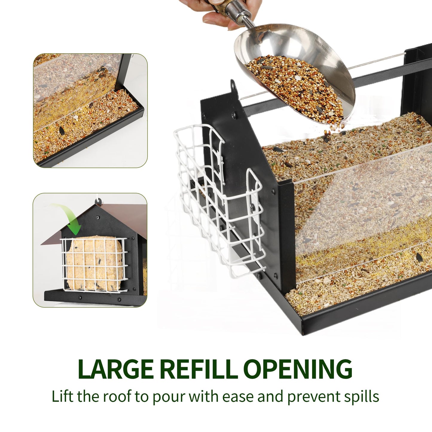 Solution4Patio Bird Feeders for Outdoors Hanging, All Metal, Double Suet Cake and Large Capacity, Hopper Tray & Weatherproof for Finch, Cardinal & Chickadee (Brown)