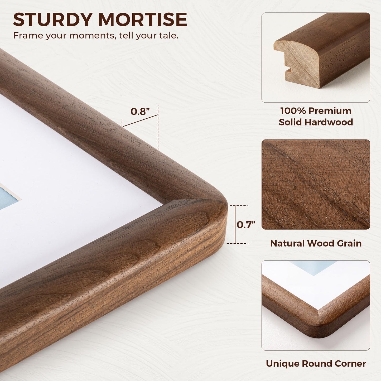 12x16 Picture Frame, USA-Sourced Walnut Wood Photo Frame with HD Tempered Glass, Handcrafted Rustic Farmhouse Wooden Frame for Wall & Tabletop Display, Matted to 8.5x11