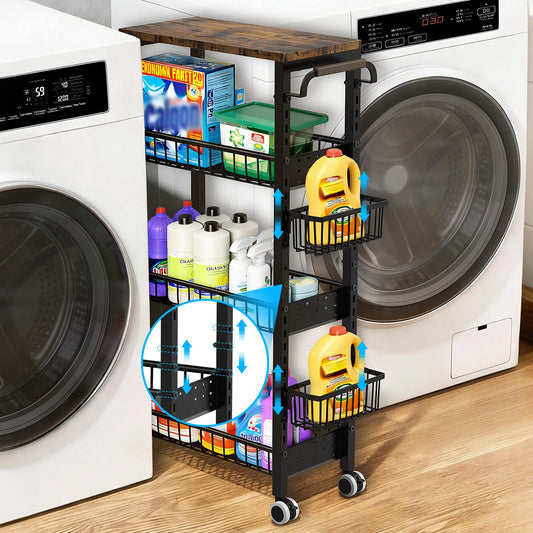 7.8 Inch Ultra-Slim 4-Tier Rolling Storage Cart with Adjustable Shelves - Lockable Wheels & Wooden Top for Narrow Spaces Between Washer/Dryer, Bathroom, Kitchen Organization (Black)