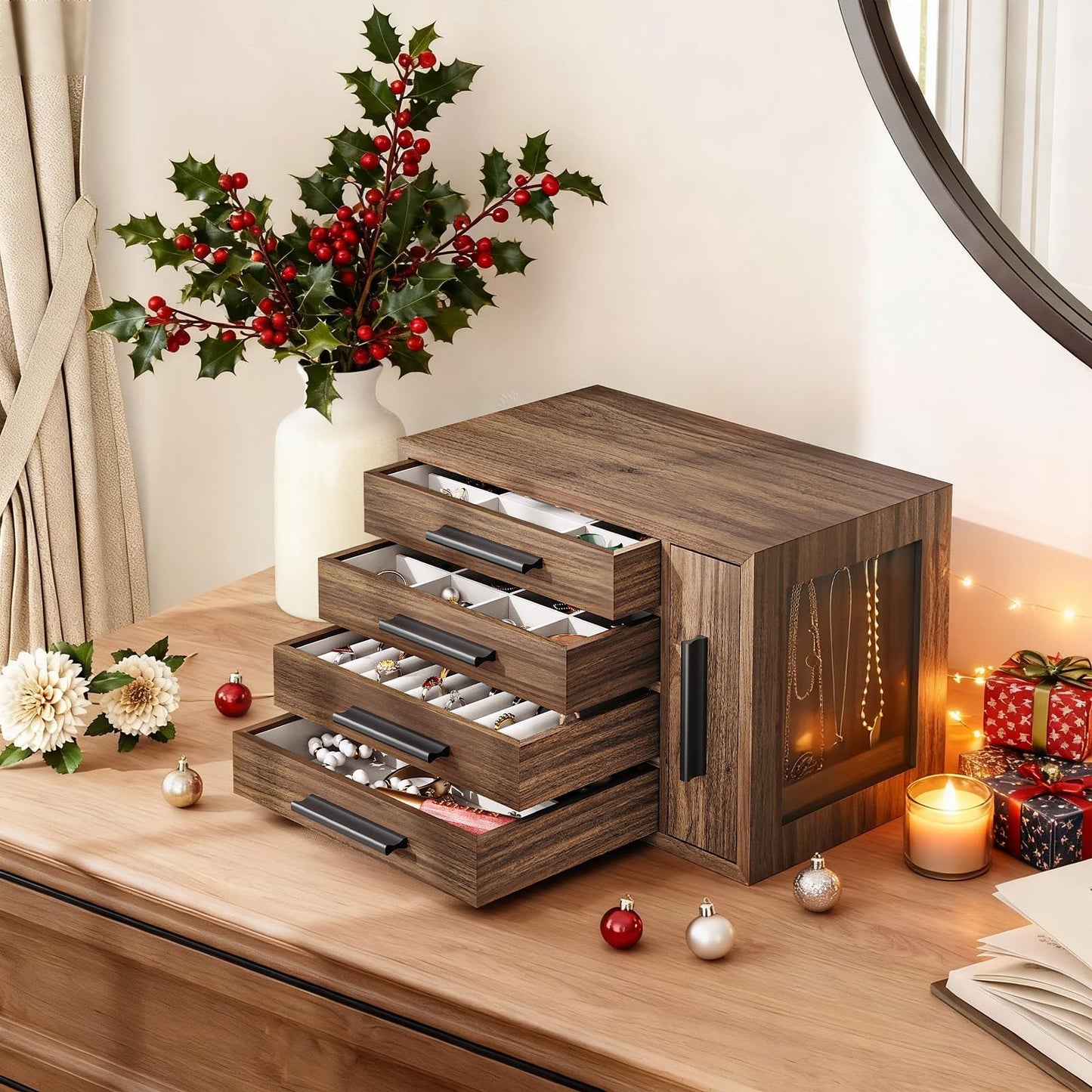 HOOBRO Jewelry Box for Women, Wooden Jewelry Organizer with Transparent Window and 360° Rotating Jewelry Box, Wooden Jewelry Organizer Bundle, BH09JB04-BH30JB04
