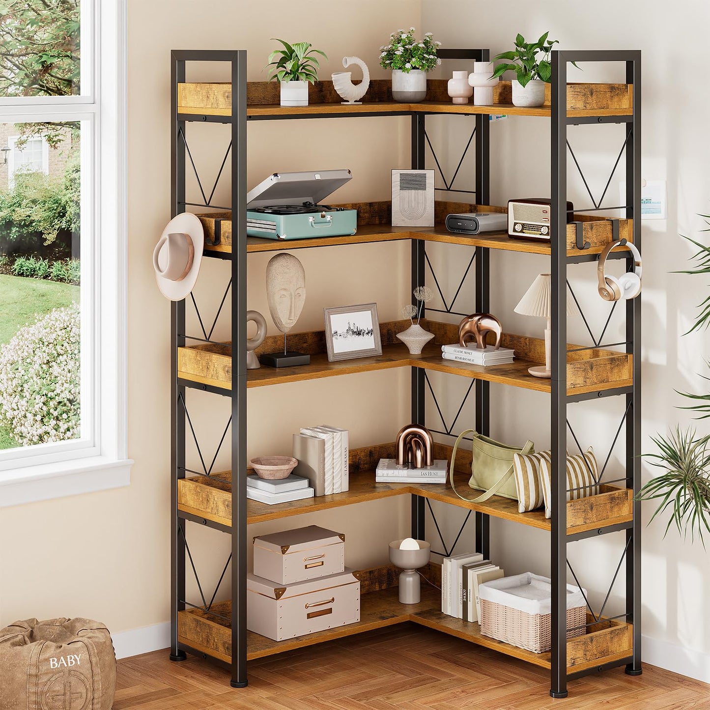DUMOS 65 inch L Shaped Bookshelf, 5 Tier Corner Bookcase with Hooks and Edge, Industrial Pantry Shelves with Metal Frame, Wooden Open Storage for Living Room, Home Office, Bedroom, Rustic Brown